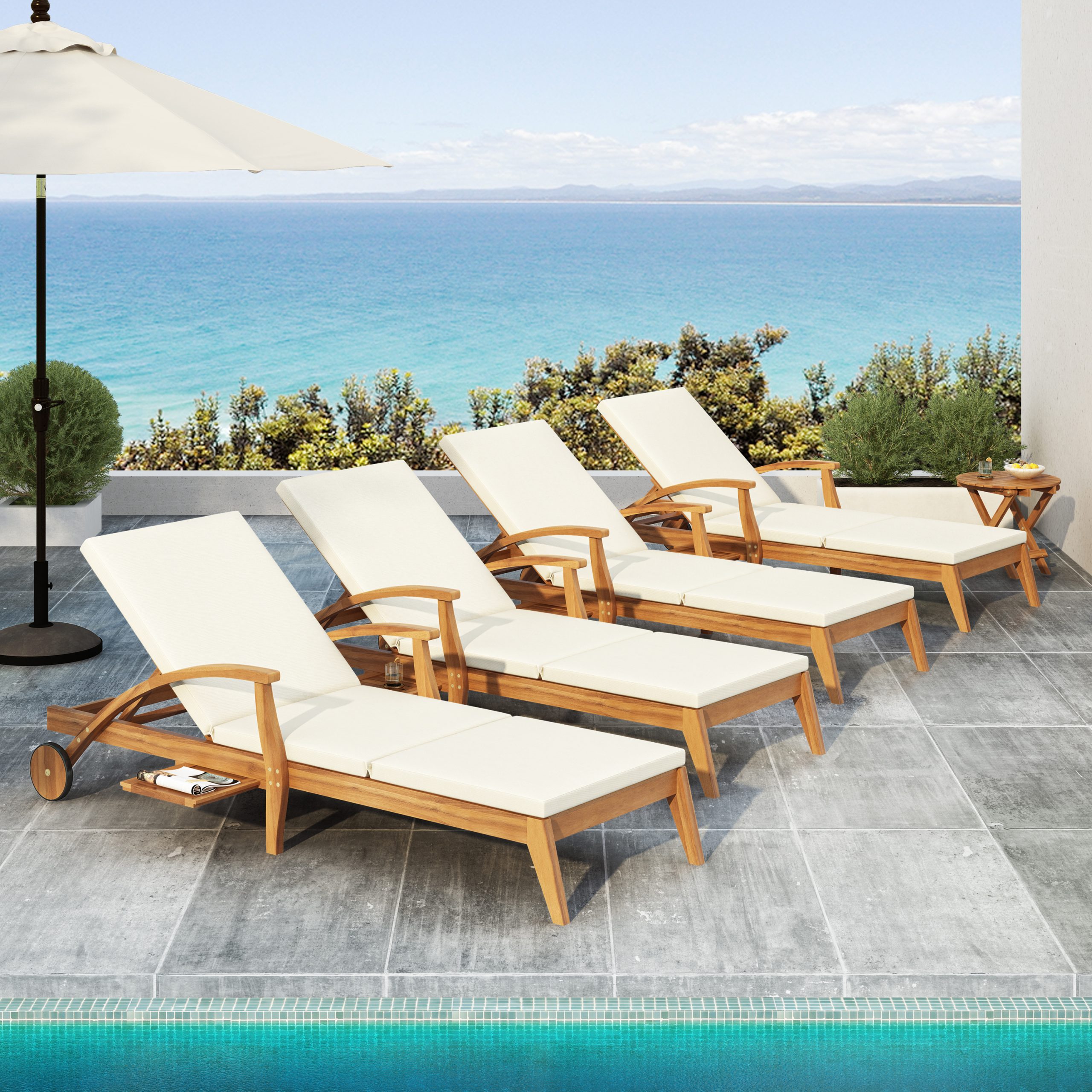 CHAISE LOUNGE WITH WHEEL - ACACIA WOOD RECLINER FOR PATIO/GARDEN, WITH 2INCH WHITE CUSHION, 4-POSITION ADJUSTABLE BACKREST, VERSATILE OUTDOOR FURNITURE ( Only 1 SET: 1 frame+ 1 Cushion) - Image 6