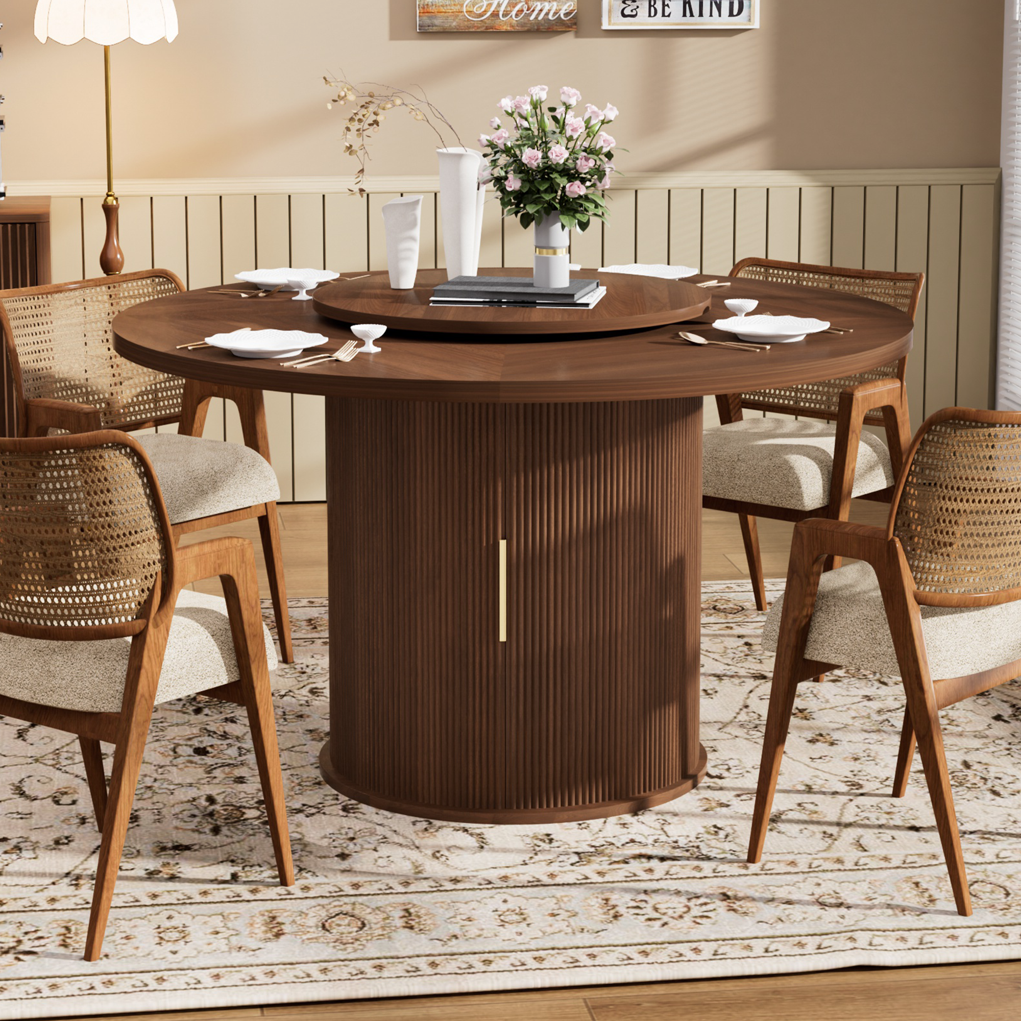 55-inch round dining table for six, featuring a double-tiered storage rack and a rotating tabletop tray. Wooden wavy-striped sliding doors. Ideal for home dining room living room (Walnut). - Image 2