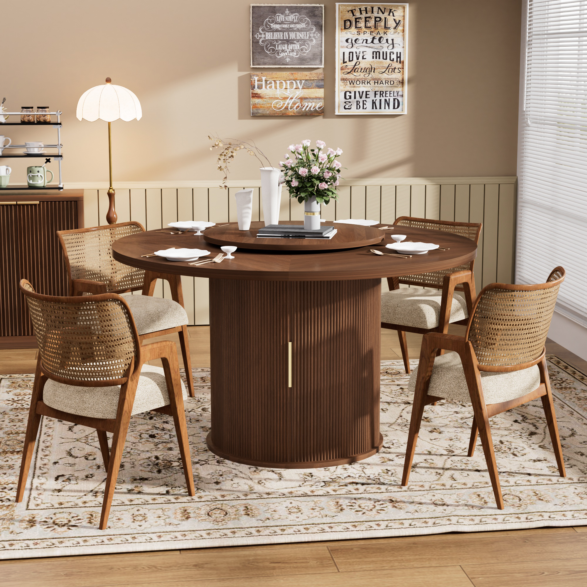 55-inch round dining table for six, featuring a double-tiered storage rack and a rotating tabletop tray. Wooden wavy-striped sliding doors. Ideal for home dining room living room (Walnut). - Image 3