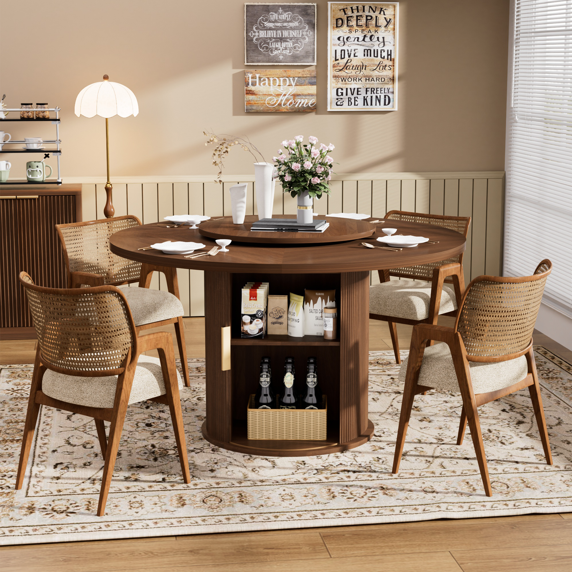 55-inch round dining table for six, featuring a double-tiered storage rack and a rotating tabletop tray. Wooden wavy-striped sliding doors. Ideal for home dining room living room (Walnut). - Image 4
