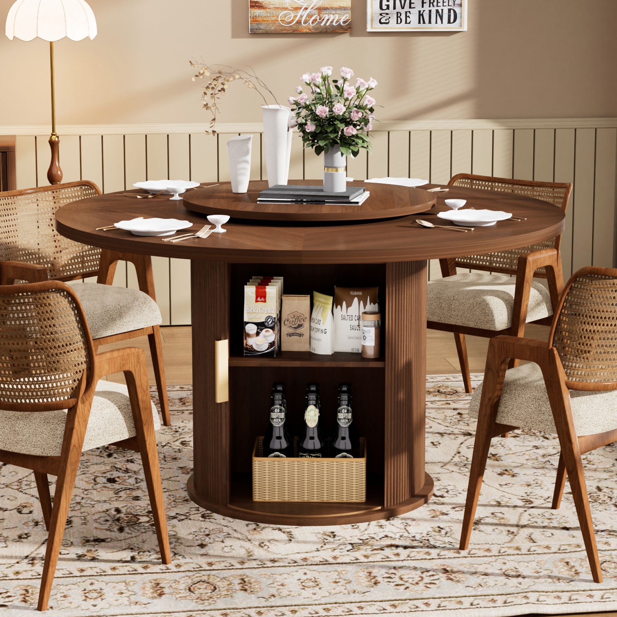 55-inch round dining table for six, featuring a double-tiered storage rack and a rotating tabletop tray. Wooden wavy-striped sliding doors. Ideal for home dining room living room (Walnut). - Image 5