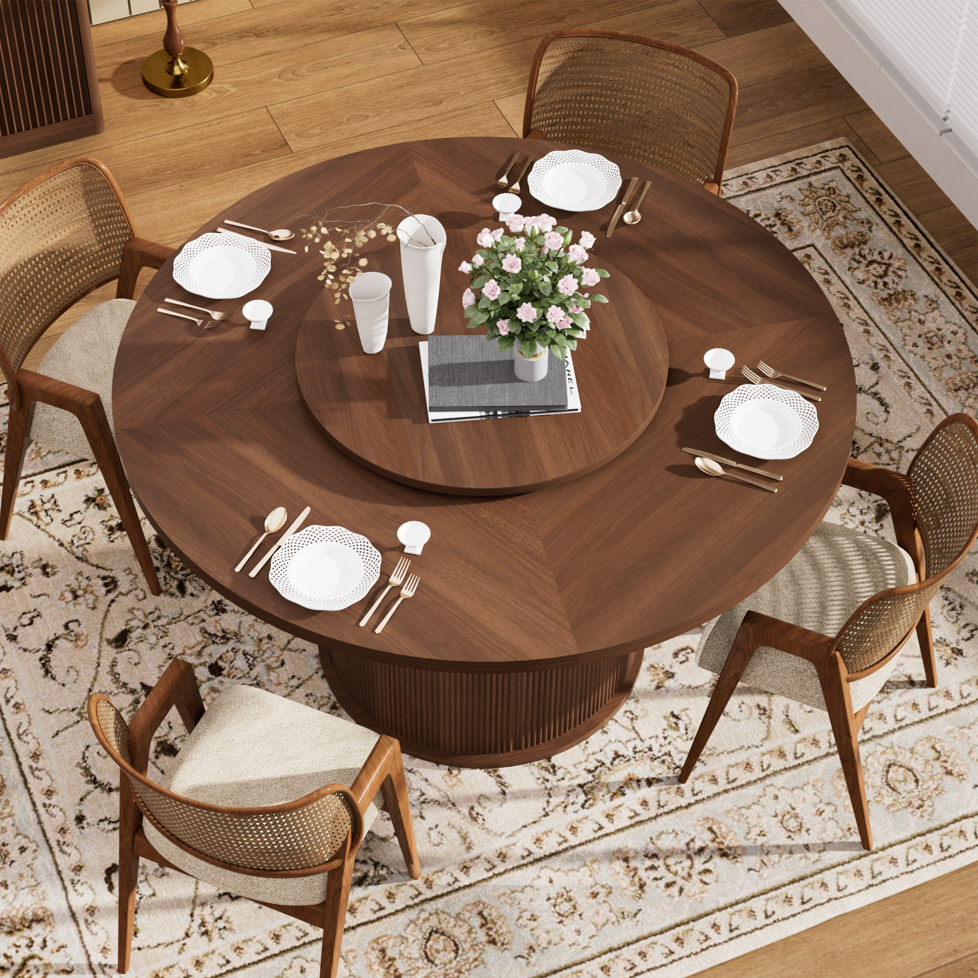55-inch round dining table for six, featuring a double-tiered storage rack and a rotating tabletop tray. Wooden wavy-striped sliding doors. Ideal for home dining room living room (Walnut). - Image 6