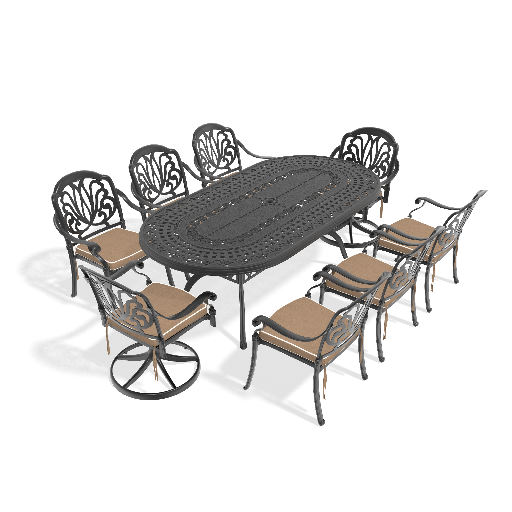 9-Piece All-Weather Cast Aluminum Dining Set, Include 2 Swivel Chairs,6 Dining Chairs and Oval Table With Black Frame (same sku:W1710S00379) - Image 2