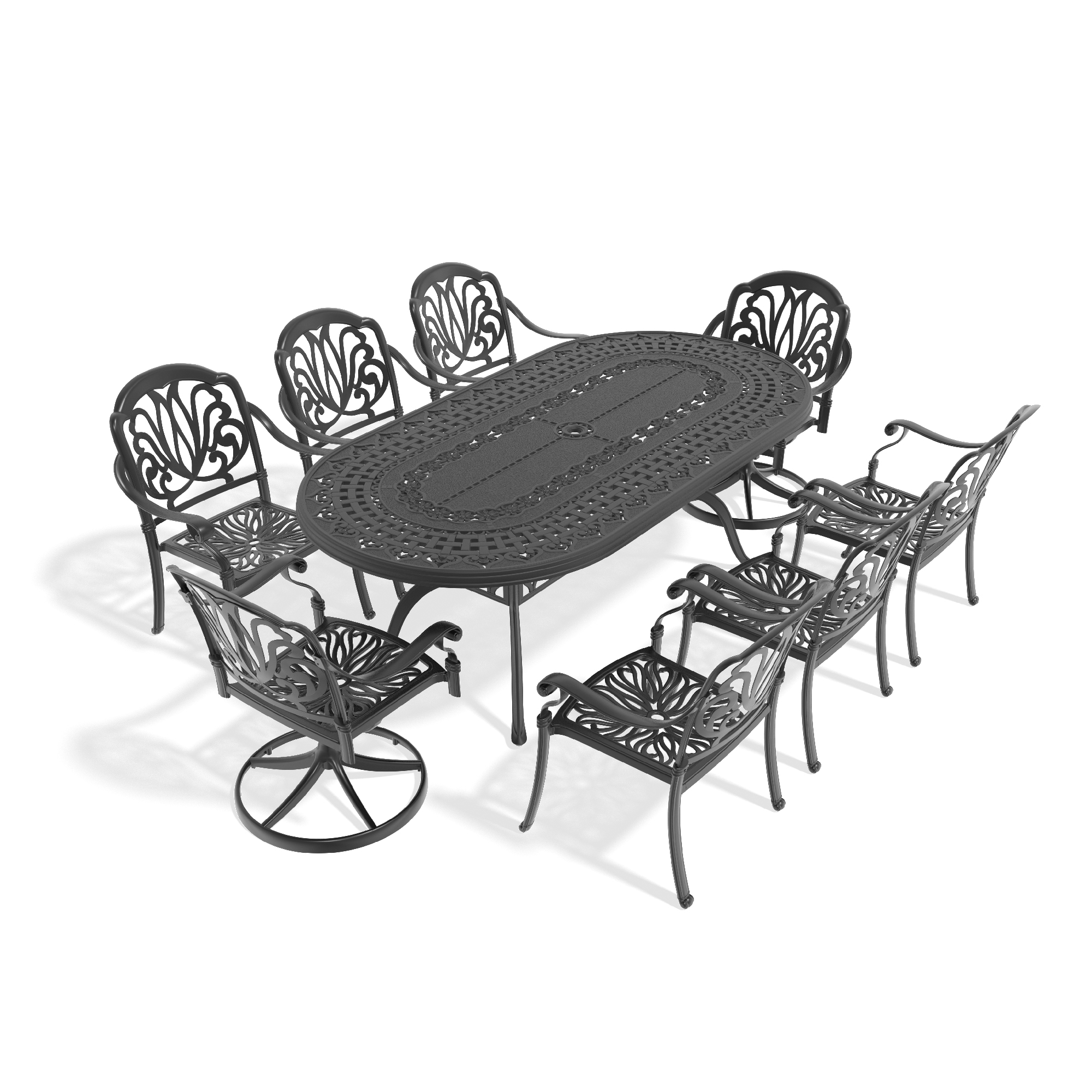 9-Piece All-Weather Cast Aluminum Dining Set, Include 2 Swivel Chairs,6 Dining Chairs and Oval Table With Black Frame (same sku:W1710S00379) - Image 3