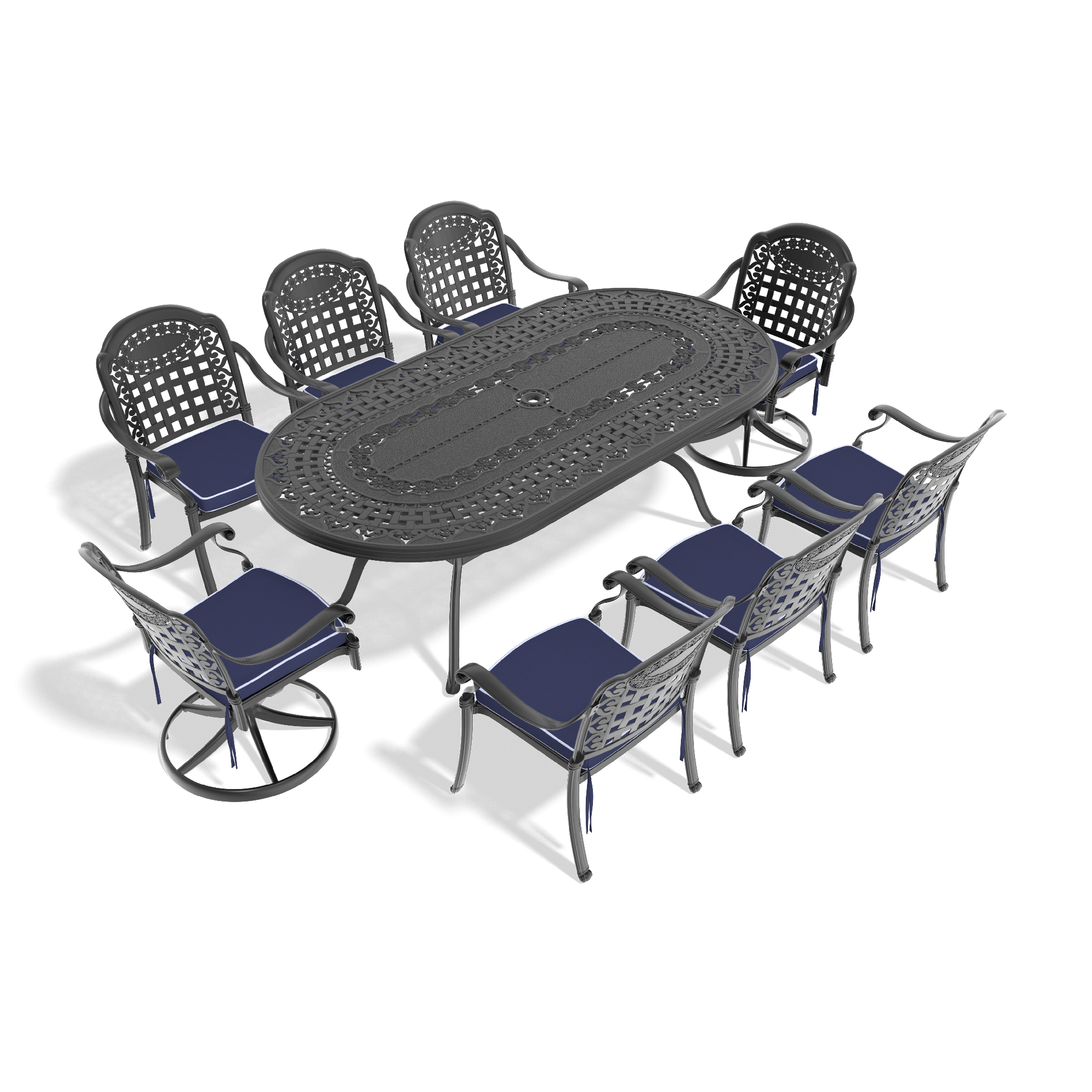 9-Piece All-Weather Cast Aluminum Dining Set, Include 2 Swivel Chairs,6 Dining Chairs and Oval Table With Black Frame (same as:W1710S00472) - Image 2