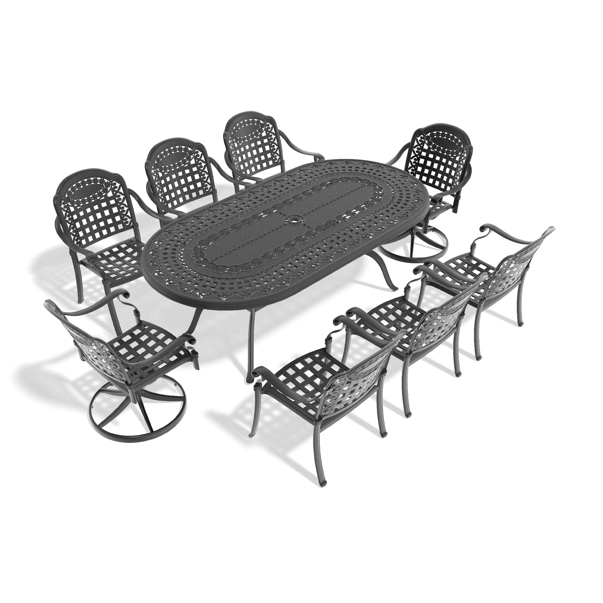 9-Piece All-Weather Cast Aluminum Dining Set, Include 2 Swivel Chairs,6 Dining Chairs and Oval Table With Black Frame (same as:W1710S00472) - Image 3