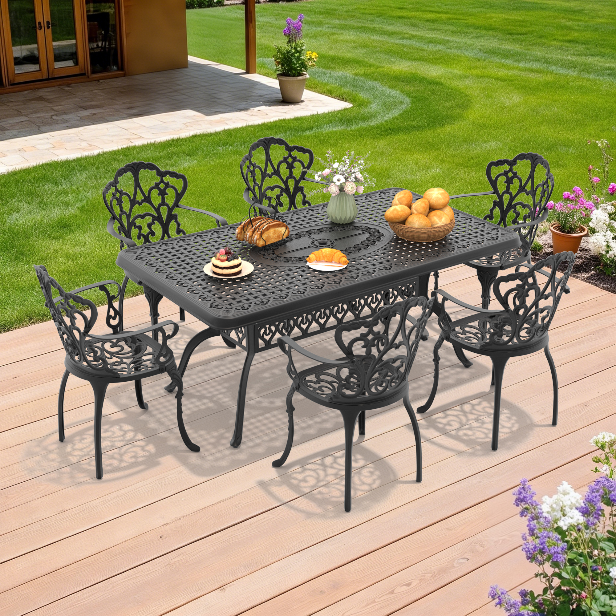 7-Piece Set Of Cast Aluminum Patio Furniture With Black Frame and Off-white Seat Cushions(same sku:W1710S00102) - Image 2