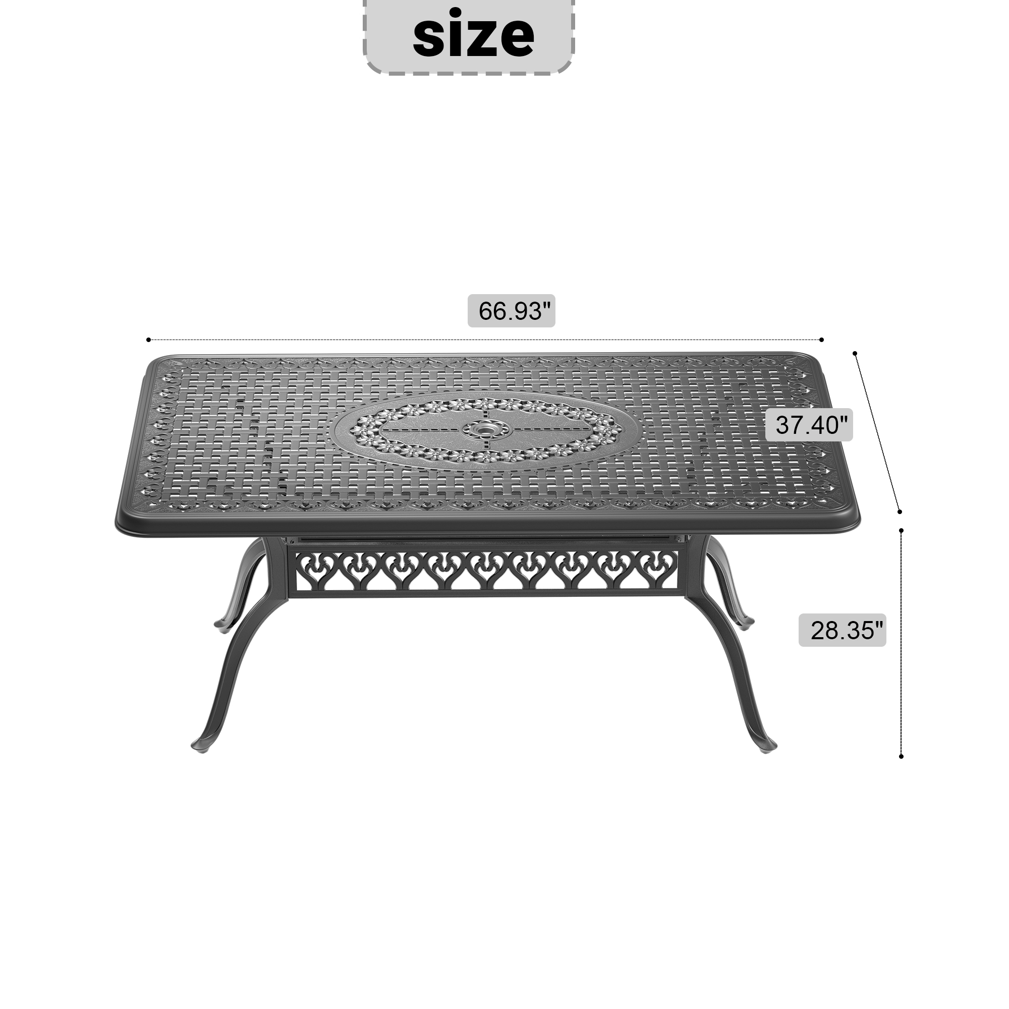 L66.93*W37.4-inch Cast Aluminum Patio Dining Table With Black Frame and Umbrella Hole (same sku: W1710120506) - Image 5