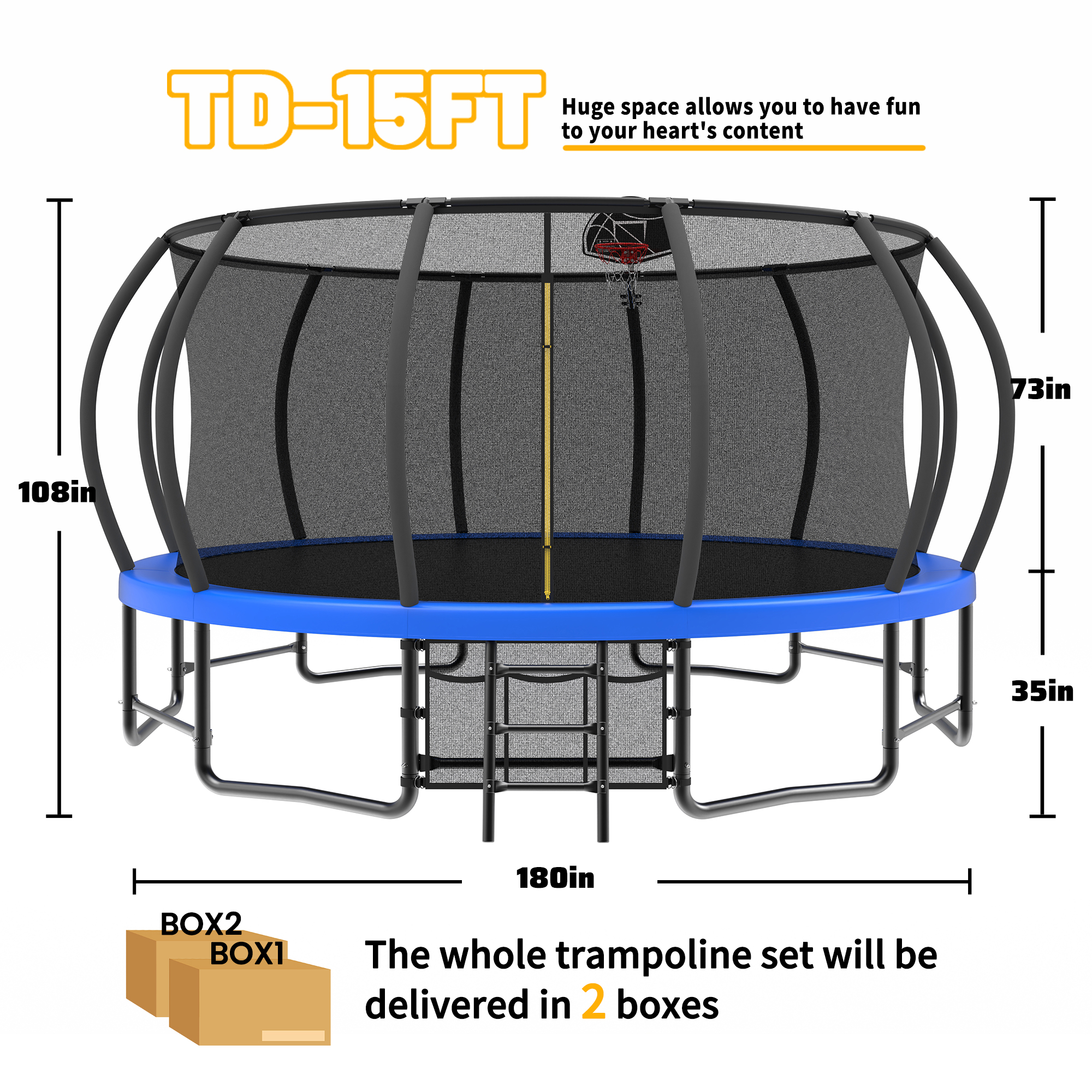 15FT Trampoline with Basketball Hoop - Recreational Trampolines with Ladder ,Shoe Bag and Galvanized Anti-Rust Coating - Image 3