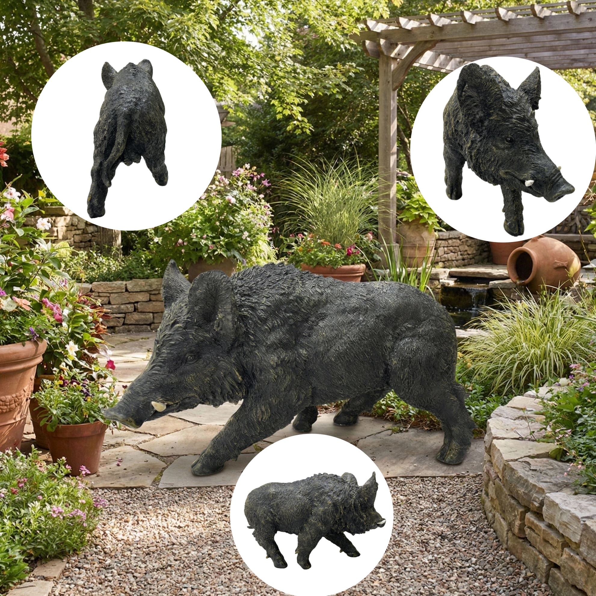 12.20" H x 21.26" L Simulated Wild Boar Resin Garden Statue, Indoor & Outdoor Decorative Ornament, Lawn & Courtyard Art Craft Decoration - Image 4