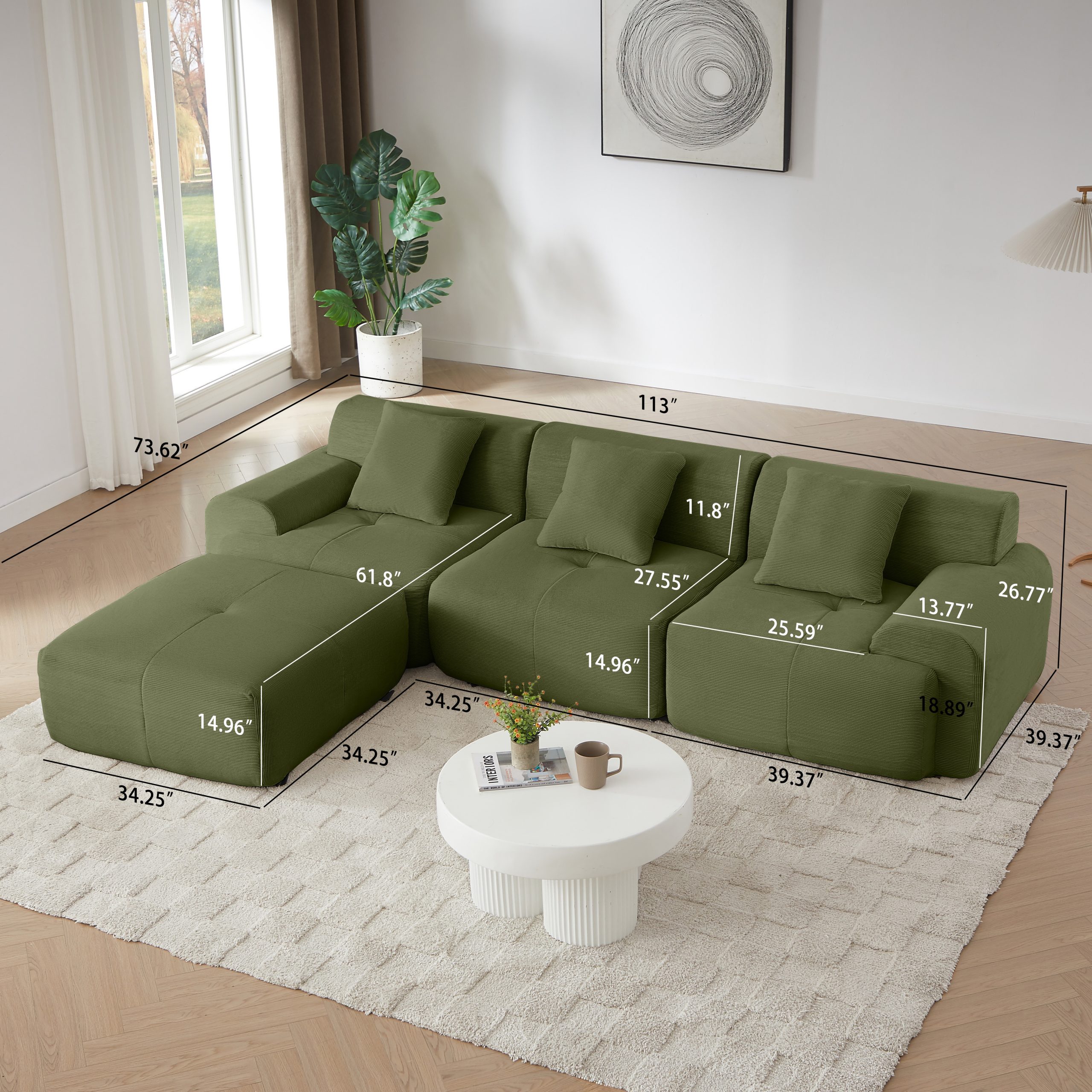 113" Modern L-Shaped Modular Sectional Sofa for Living Room, Corduroy Upholstery Green, Oversized 3-Seater Couch with Deep Seat and Movable Ottoman – No Assembly - Image 2