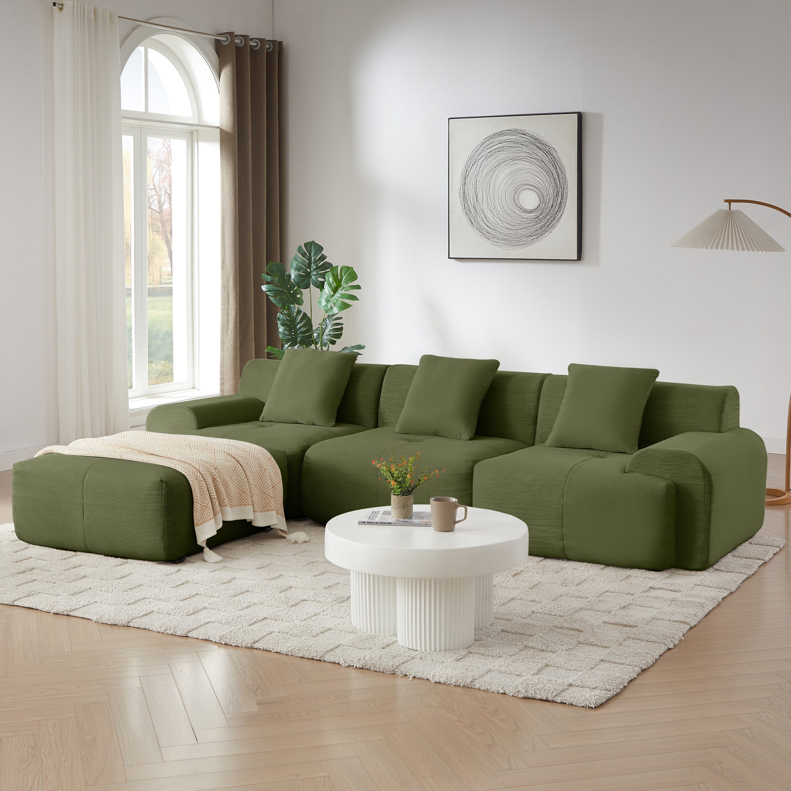 113" Modern L-Shaped Modular Sectional Sofa for Living Room, Corduroy Upholstery Green, Oversized 3-Seater Couch with Deep Seat and Movable Ottoman – No Assembly - Image 3