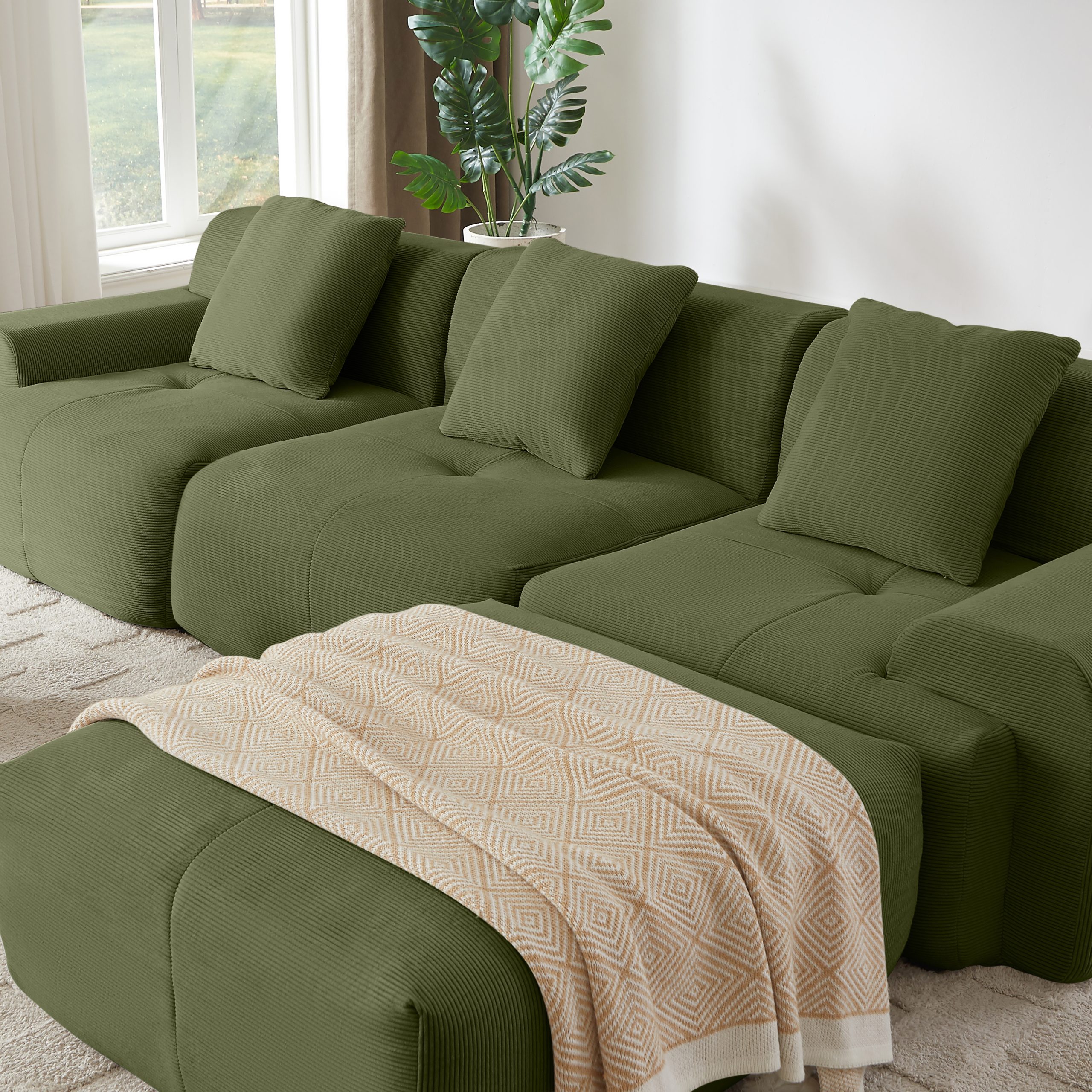 113" Modern L-Shaped Modular Sectional Sofa for Living Room, Corduroy Upholstery Green, Oversized 3-Seater Couch with Deep Seat and Movable Ottoman – No Assembly - Image 4