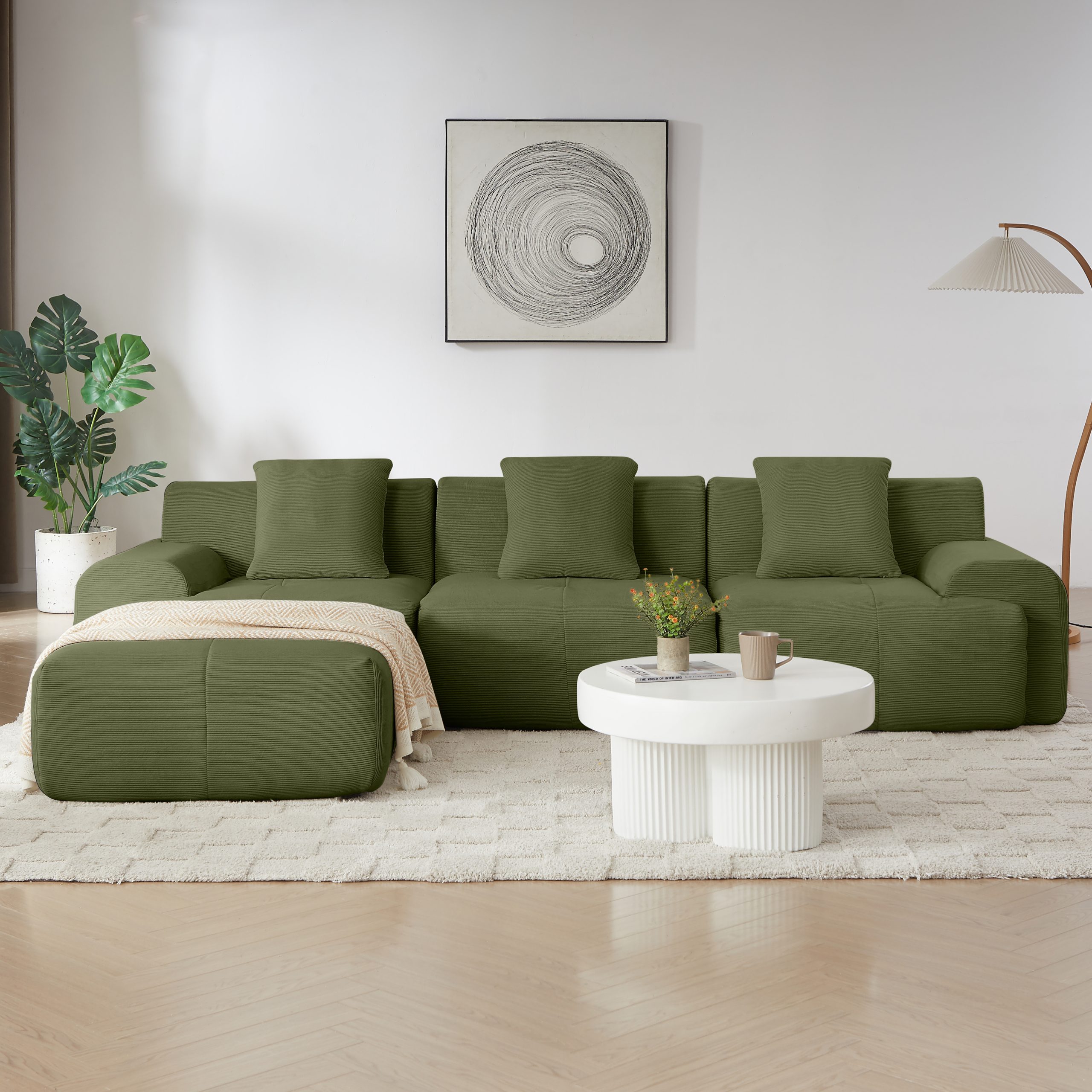 113" Modern L-Shaped Modular Sectional Sofa for Living Room, Corduroy Upholstery Green, Oversized 3-Seater Couch with Deep Seat and Movable Ottoman – No Assembly - Image 6