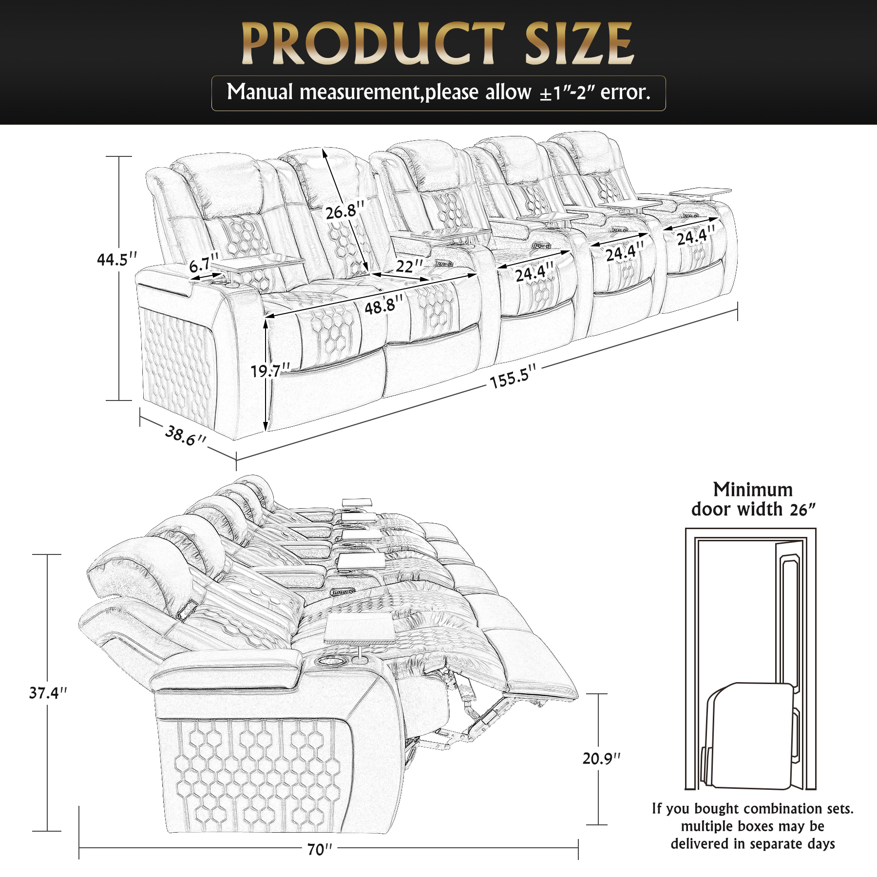 155.5"Power Recliner 5 PC Made WithTop-Grain Nappa,Fully Adjustable Relaxation,Smart Charging,Dynamic RGB LED Lighting,COFFEE - Image 3