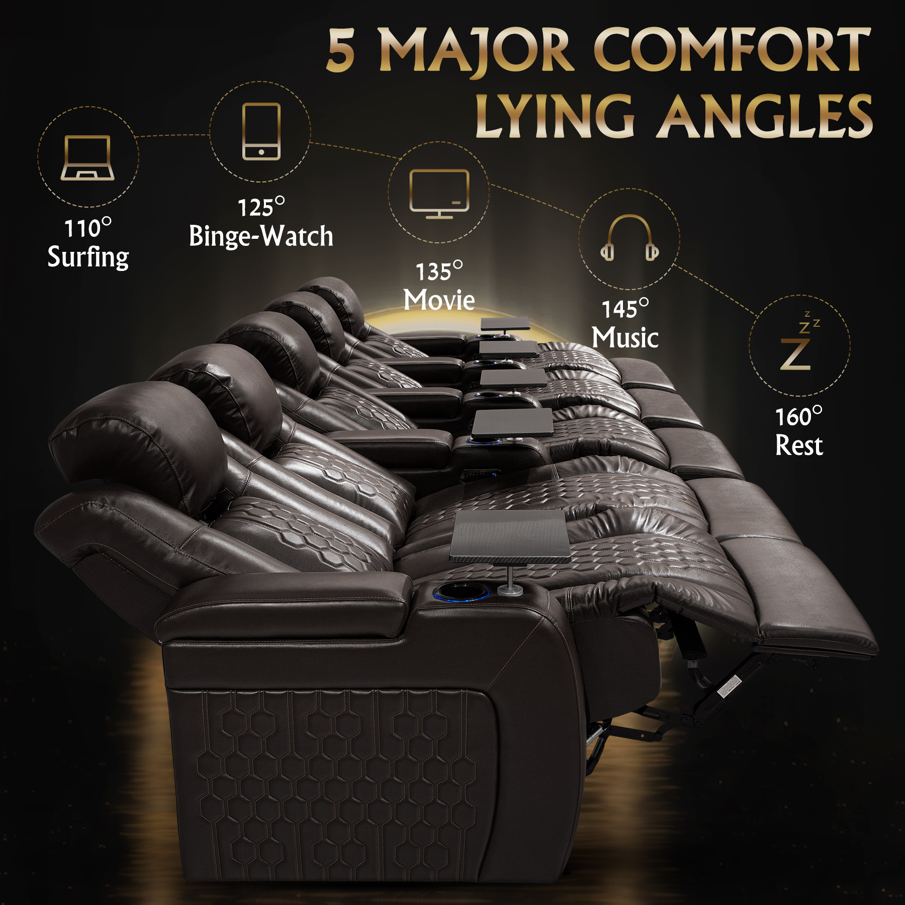 155.5"Power Recliner 5 PC Made WithTop-Grain Nappa,Fully Adjustable Relaxation,Smart Charging,Dynamic RGB LED Lighting,COFFEE - Image 4