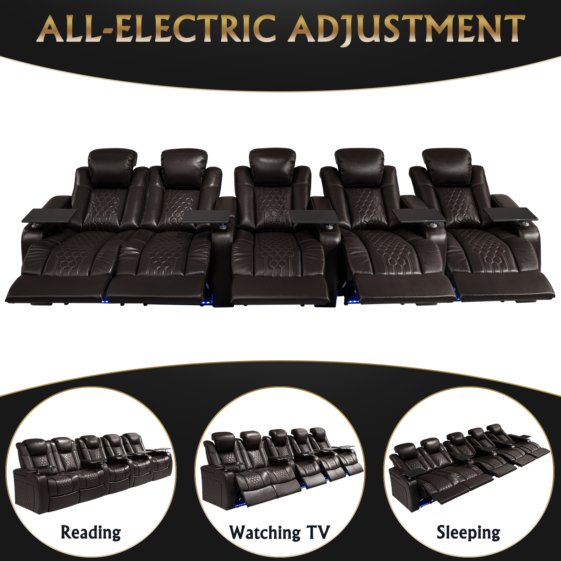 155.5"Power Recliner 5 PC Made WithTop-Grain Nappa,Fully Adjustable Relaxation,Smart Charging,Dynamic RGB LED Lighting,COFFEE - Image 5