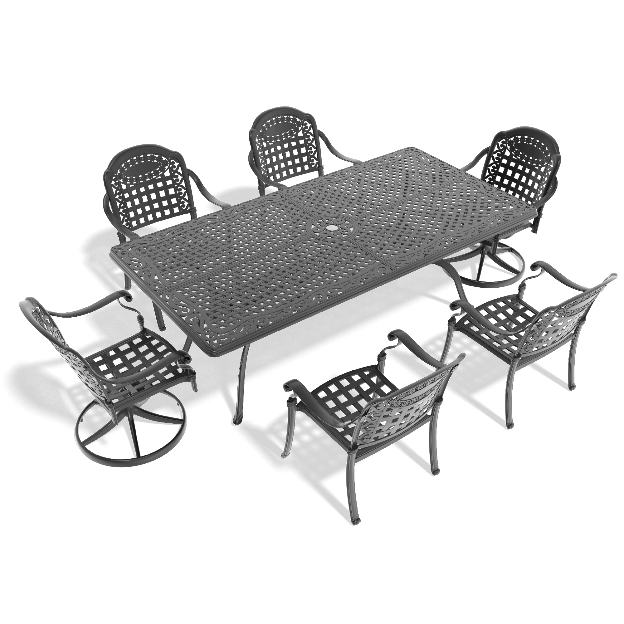 7-Piece All-Weather Cast Aluminum Dining Set, Include 2 Swivel Chairs,6 Dining Chairs and Rectangular Table With Black Frame - Image 3