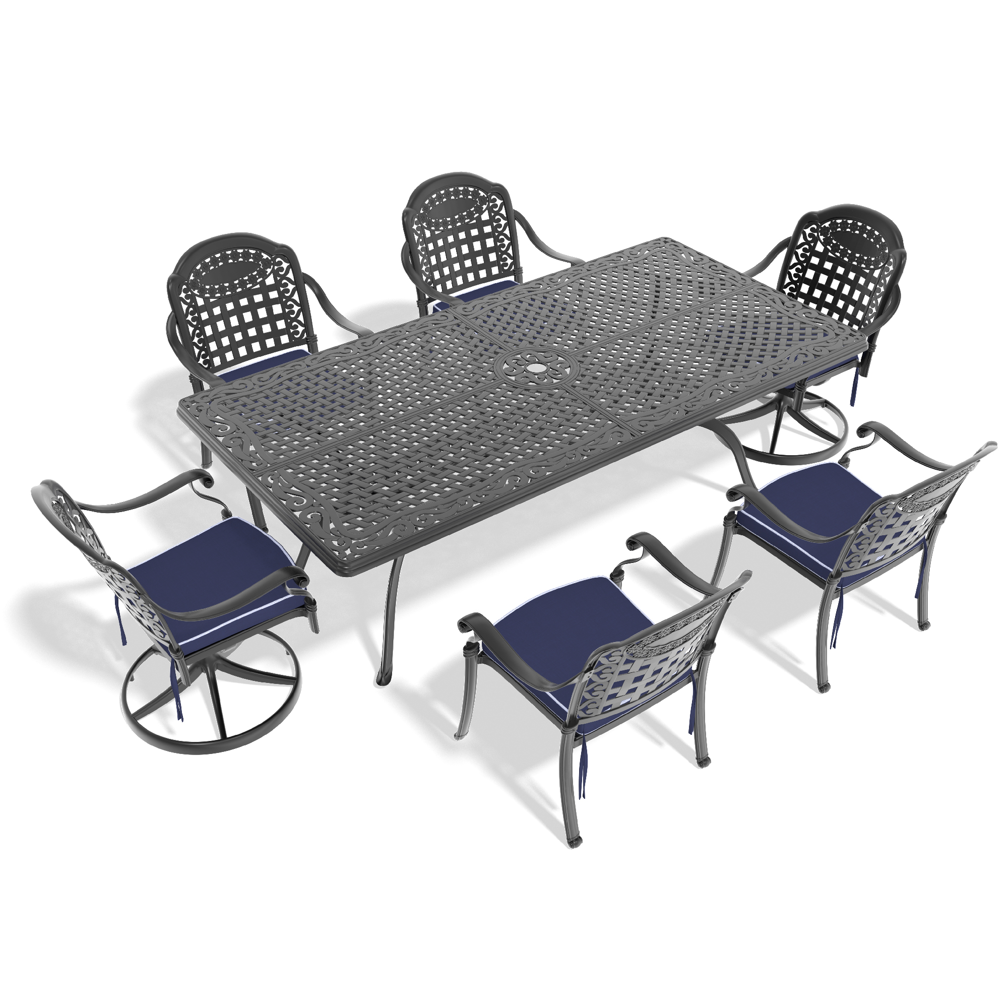 7-Piece All-Weather Cast Aluminum Dining Set, Include 2 Swivel Chairs,6 Dining Chairs and Rectangular Table With Black Frame - Image 2