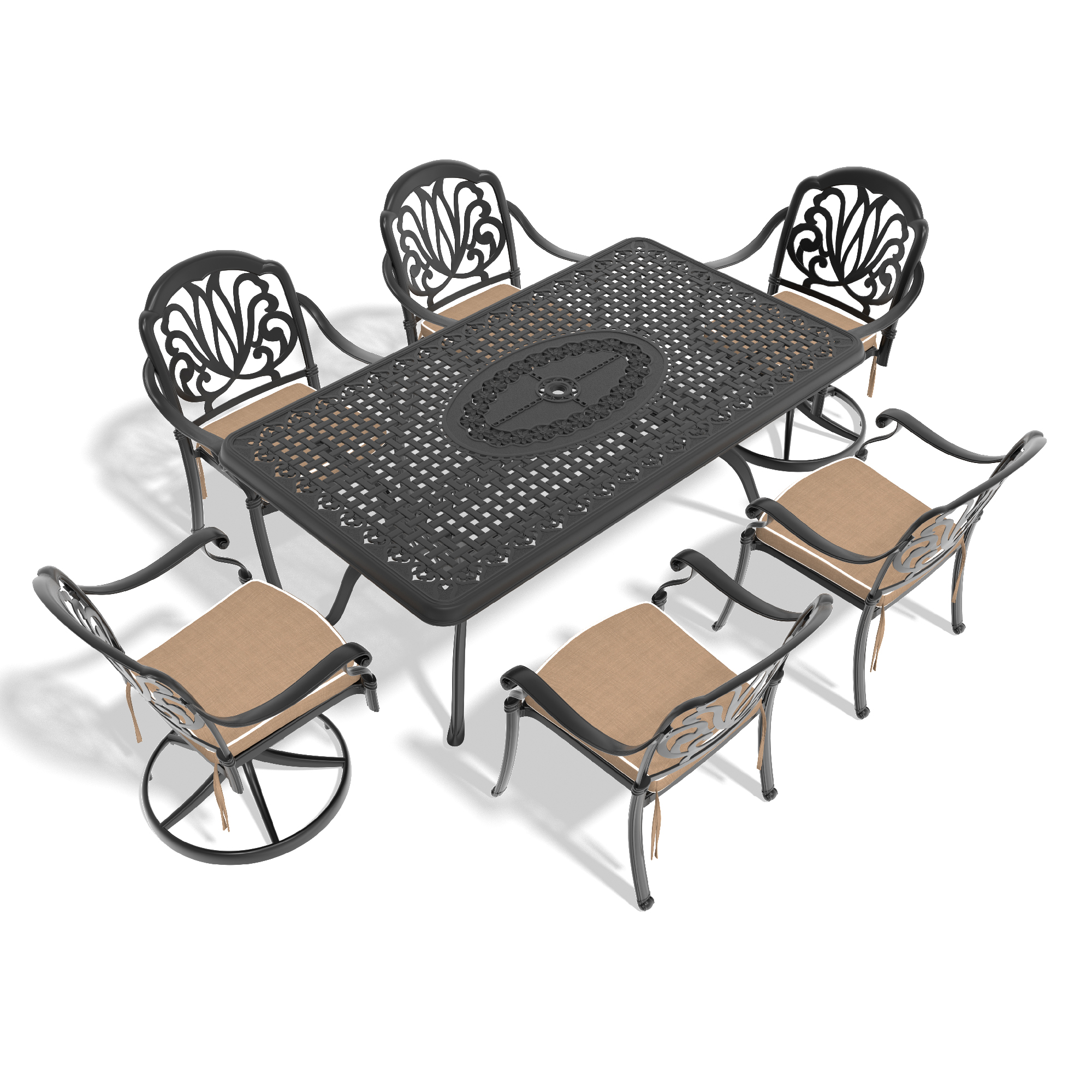 7-Piece All-Weather Cast Aluminum Dining Set, Include 2 Swivel Chairs,4 Dining Chairs and Rectangular Table With Black Frame - Image 3