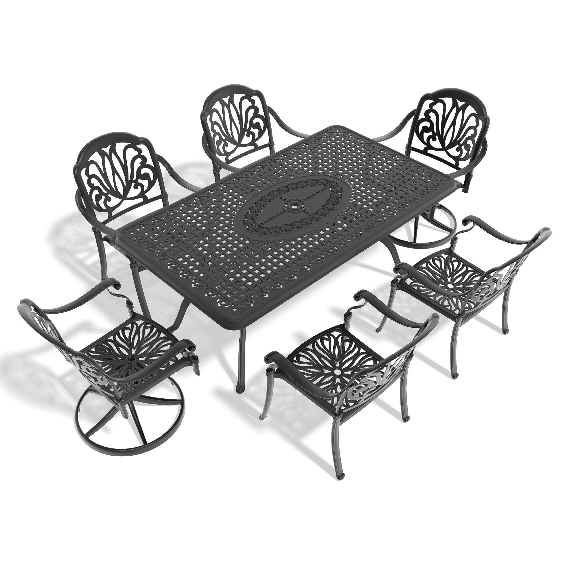 7-Piece All-Weather Cast Aluminum Dining Set, Include 2 Swivel Chairs,4 Dining Chairs and Rectangular Table With Black Frame - Image 2
