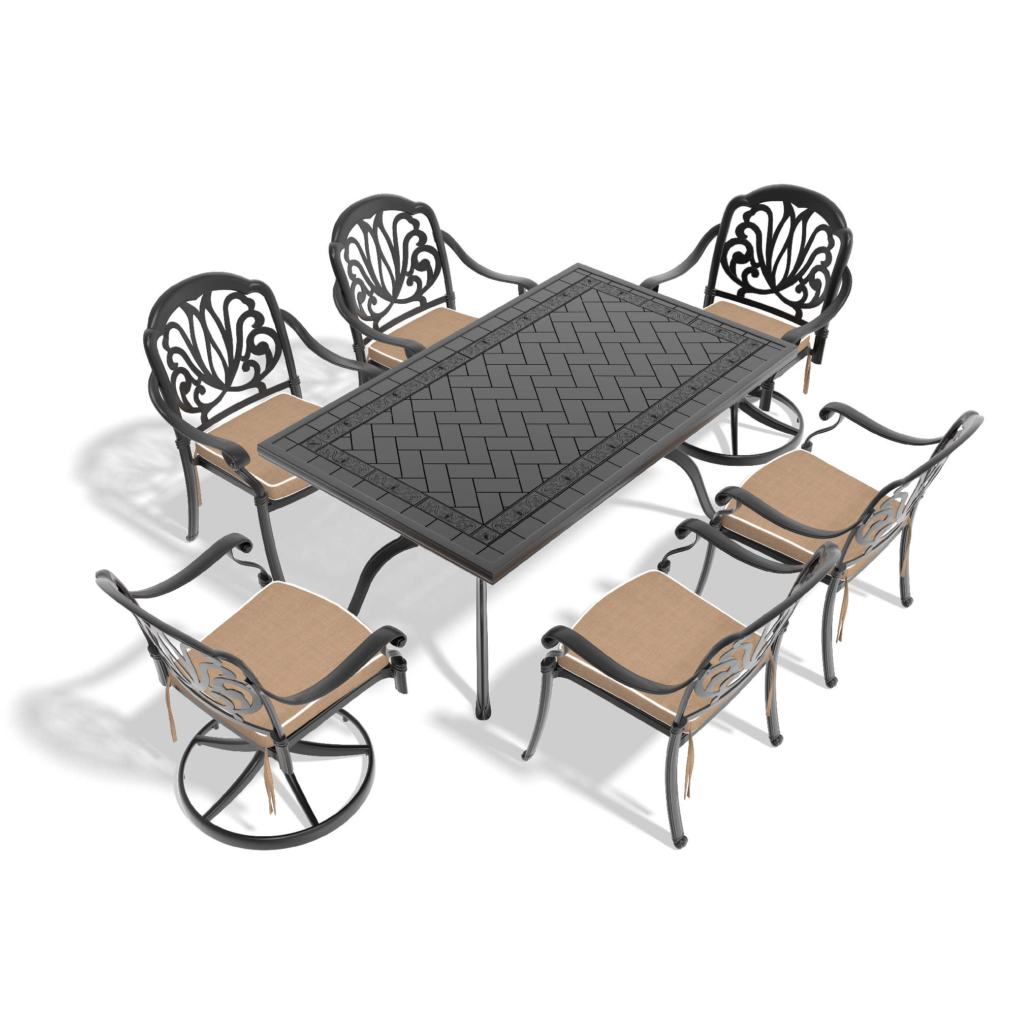 7-Piece All-Weather Cast Aluminum Dining Set, Include 2 Swivel Chairs,4 Dining Chairs and Rectangular Table With Black Frame - Image 3