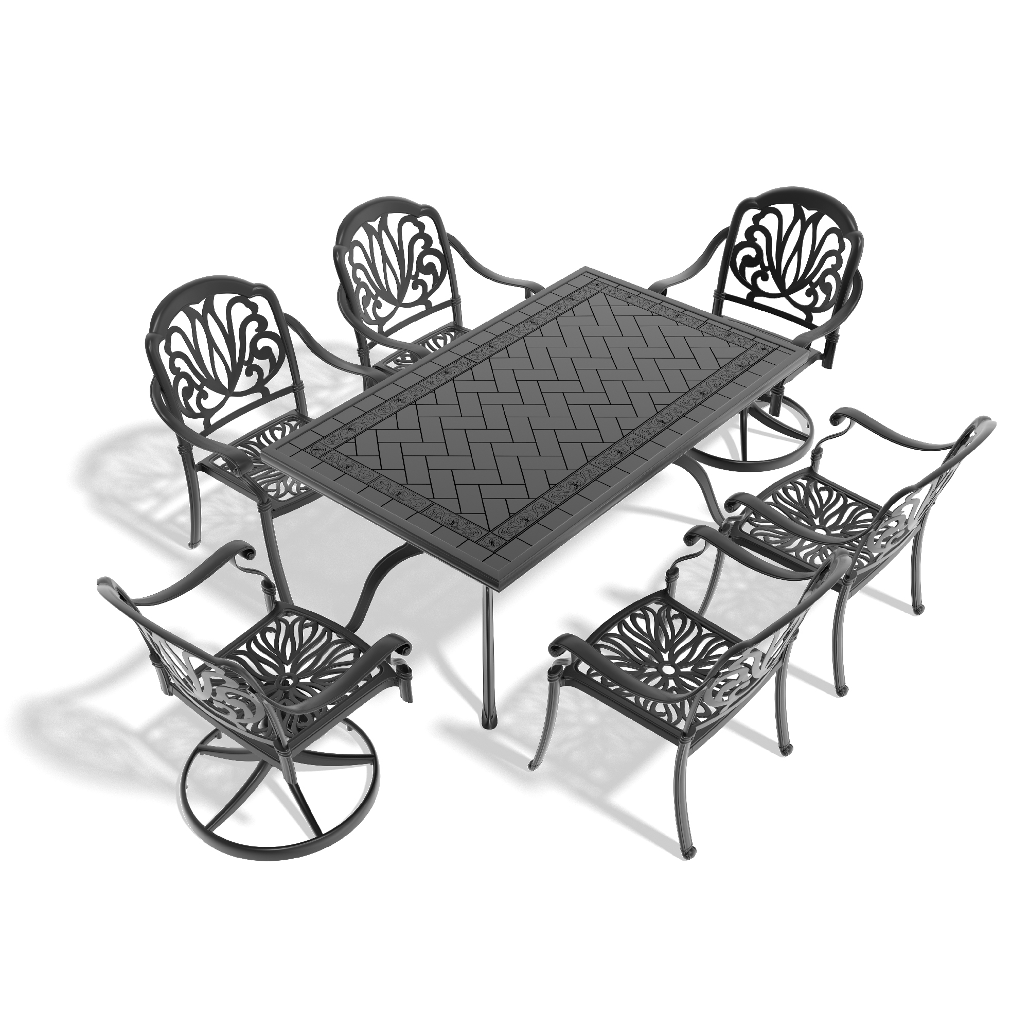 7-Piece All-Weather Cast Aluminum Dining Set, Include 2 Swivel Chairs,4 Dining Chairs and Rectangular Table With Black Frame - Image 2