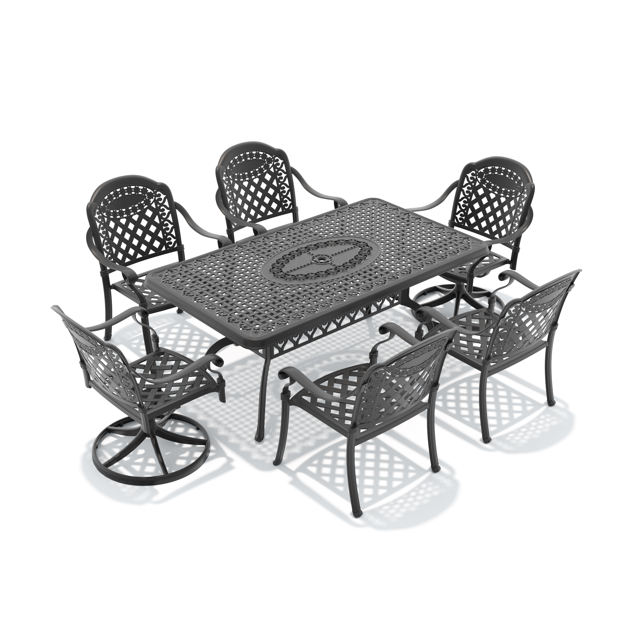 7-Piece All-Weather Cast Aluminum Dining Set, Include 2 Swivel Chairs,4 Dining Chairs and Rectangular Table With Black Frame - Image 3