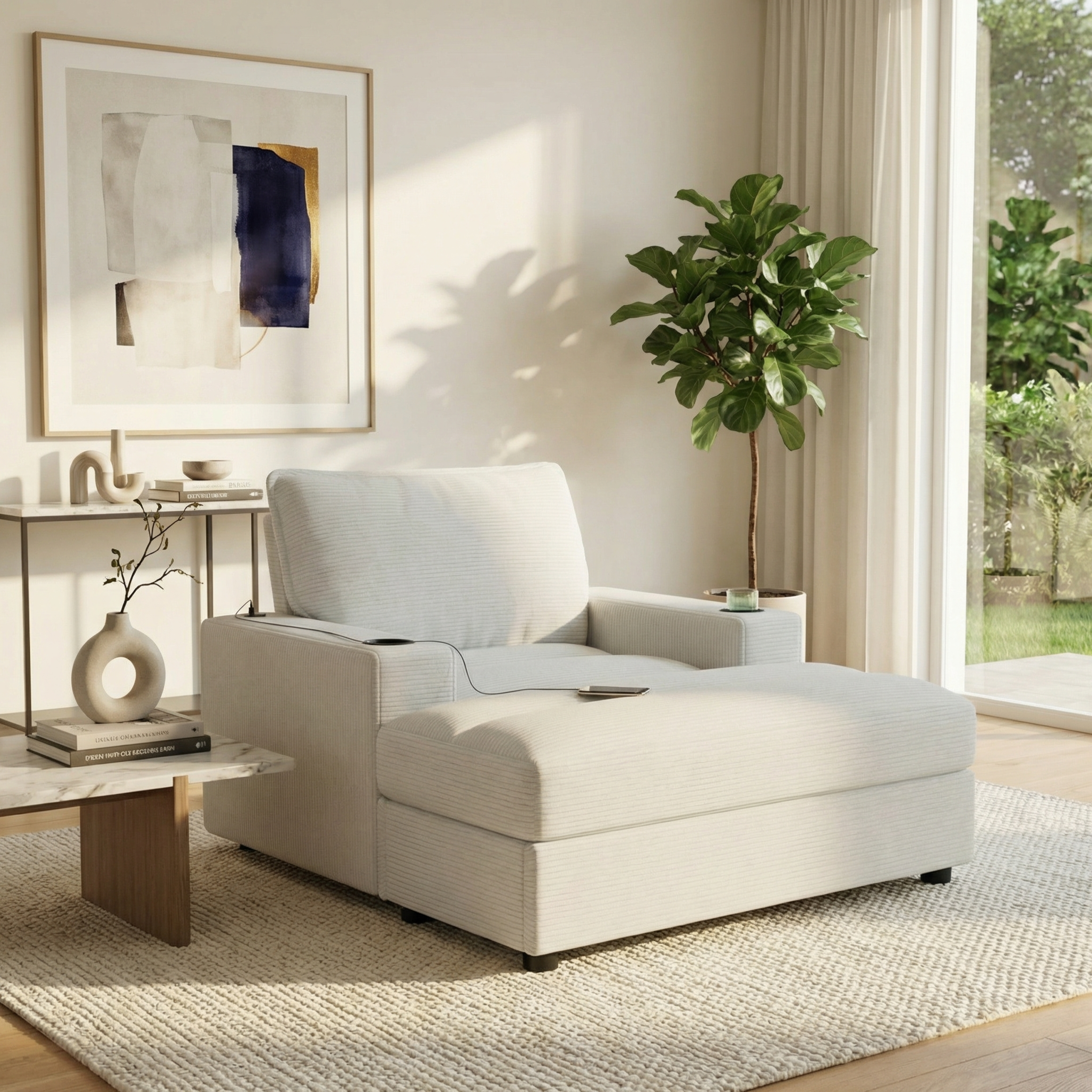 42.8" Oversized Chaise Lounge Chair with Storage Ottoman, Corduroy Sofa Bed with Cup Holders & USB Charging Port, Upholstered Sleeper Chair, Deep - Seat Reading Couch for Living Room, Bedroom,Beige - Image 2