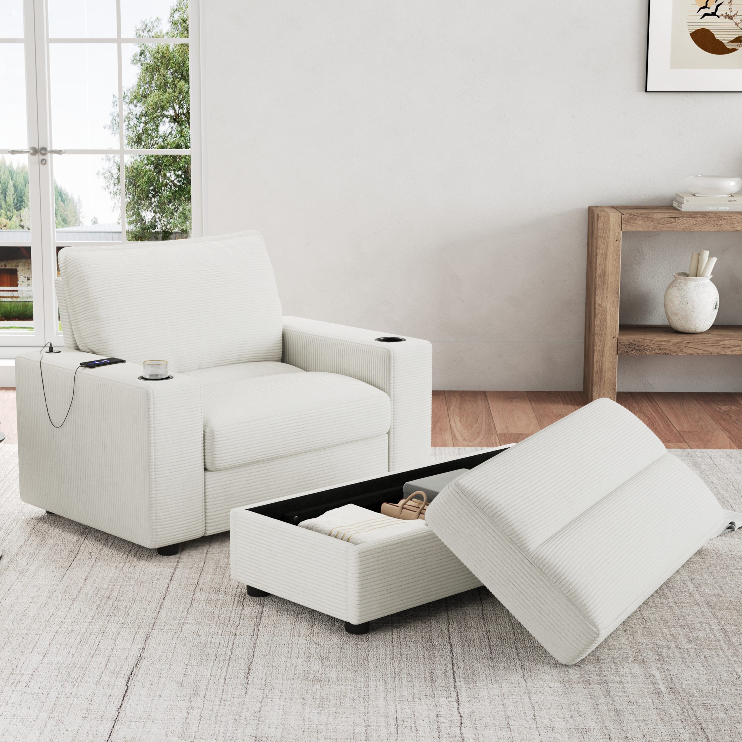42.8" Oversized Chaise Lounge Chair with Storage Ottoman, Corduroy Sofa Bed with Cup Holders & USB Charging Port, Upholstered Sleeper Chair, Deep - Seat Reading Couch for Living Room, Bedroom,Beige - Image 3