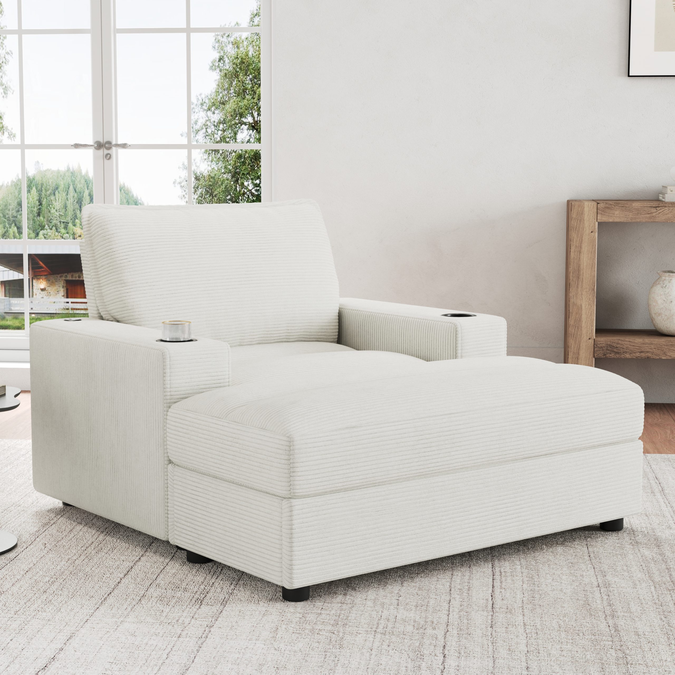 42.8" Oversized Chaise Lounge Chair with Storage Ottoman, Corduroy Sofa Bed with Cup Holders & USB Charging Port, Upholstered Sleeper Chair, Deep - Seat Reading Couch for Living Room, Bedroom,Beige - Image 4