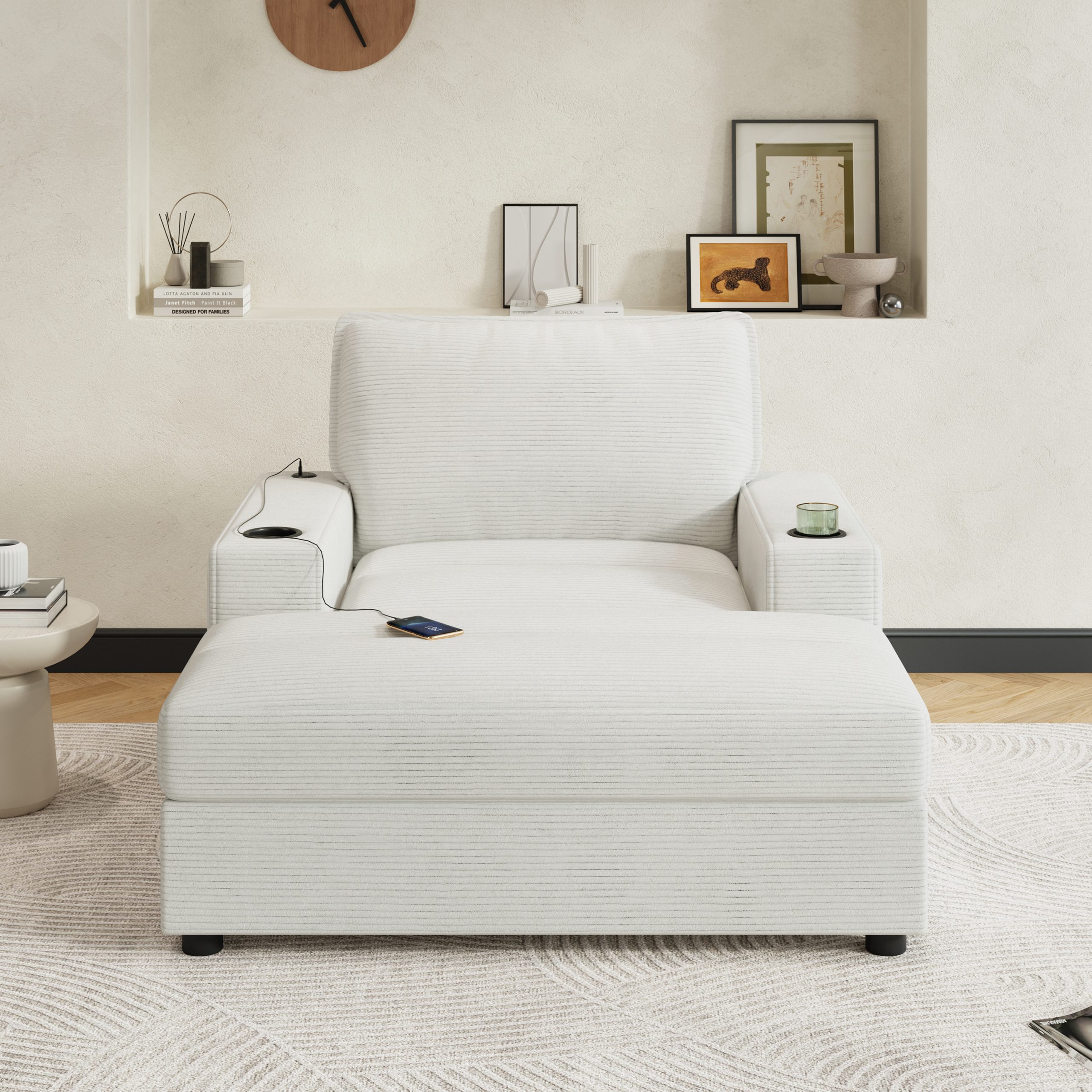 42.8" Oversized Chaise Lounge Chair with Storage Ottoman, Corduroy Sofa Bed with Cup Holders & USB Charging Port, Upholstered Sleeper Chair, Deep - Seat Reading Couch for Living Room, Bedroom,Beige - Image 5