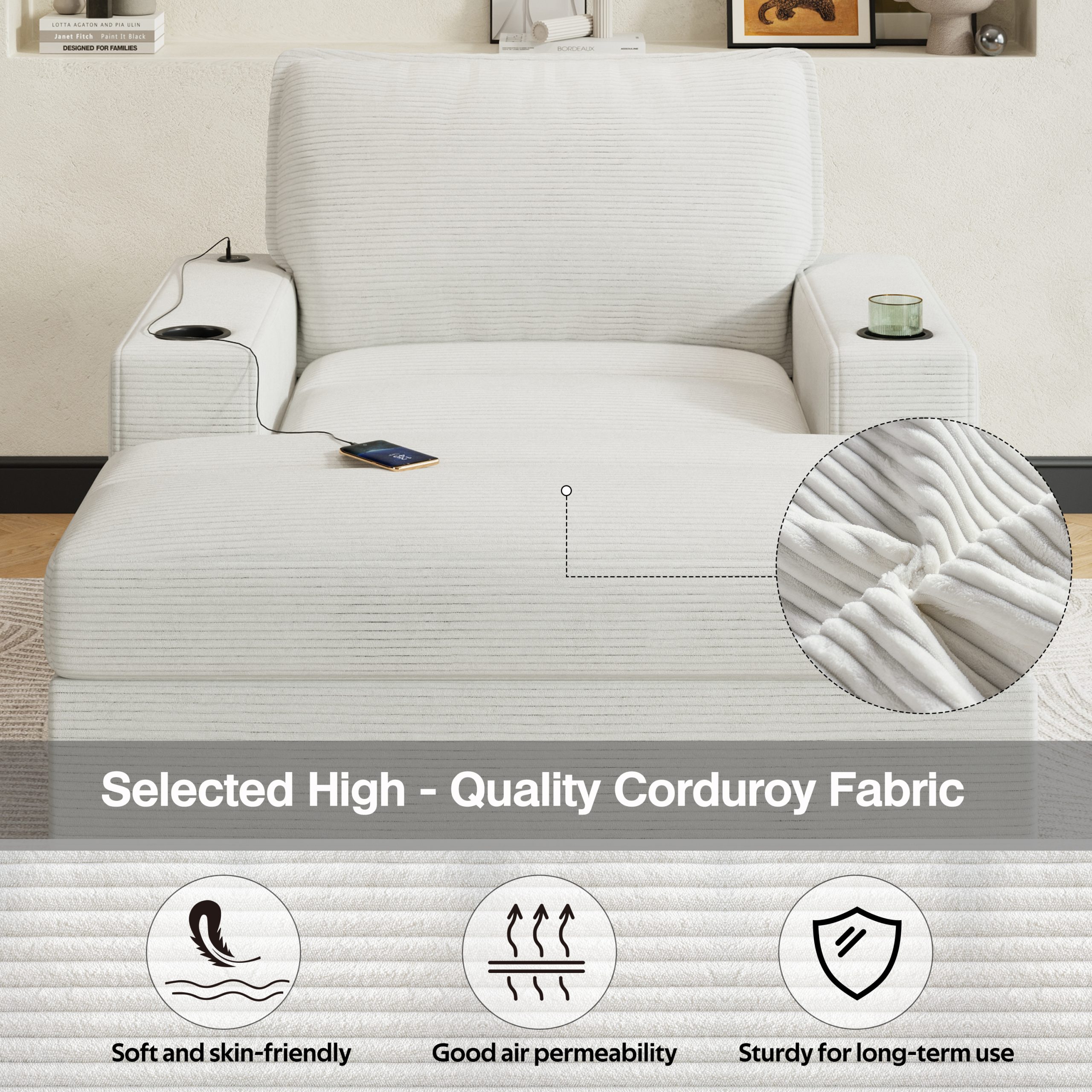 42.8" Oversized Chaise Lounge Chair with Storage Ottoman, Corduroy Sofa Bed with Cup Holders & USB Charging Port, Upholstered Sleeper Chair, Deep - Seat Reading Couch for Living Room, Bedroom,Beige - Image 6