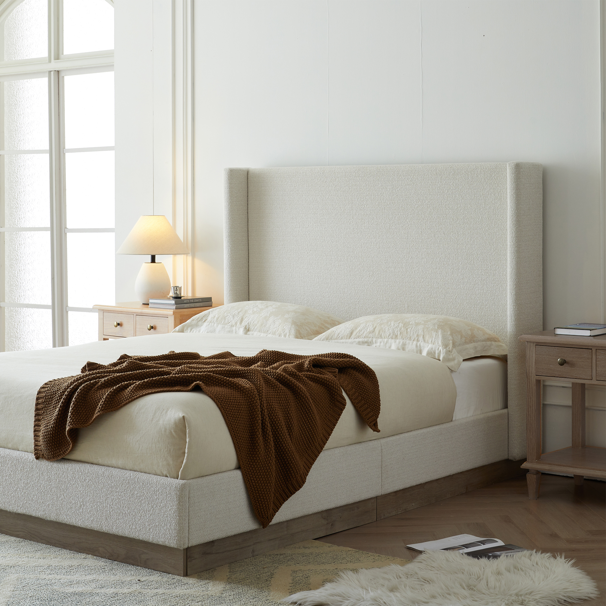 Hale Upholstered Wingback Bed Size King / Tall 51.1" Headboard Upholstered Queen Bed / Without Wooden Slats / Box Spring Request / King / Cream White Boucle/ Elegant Simplicity / Easy Assembly - Image 2