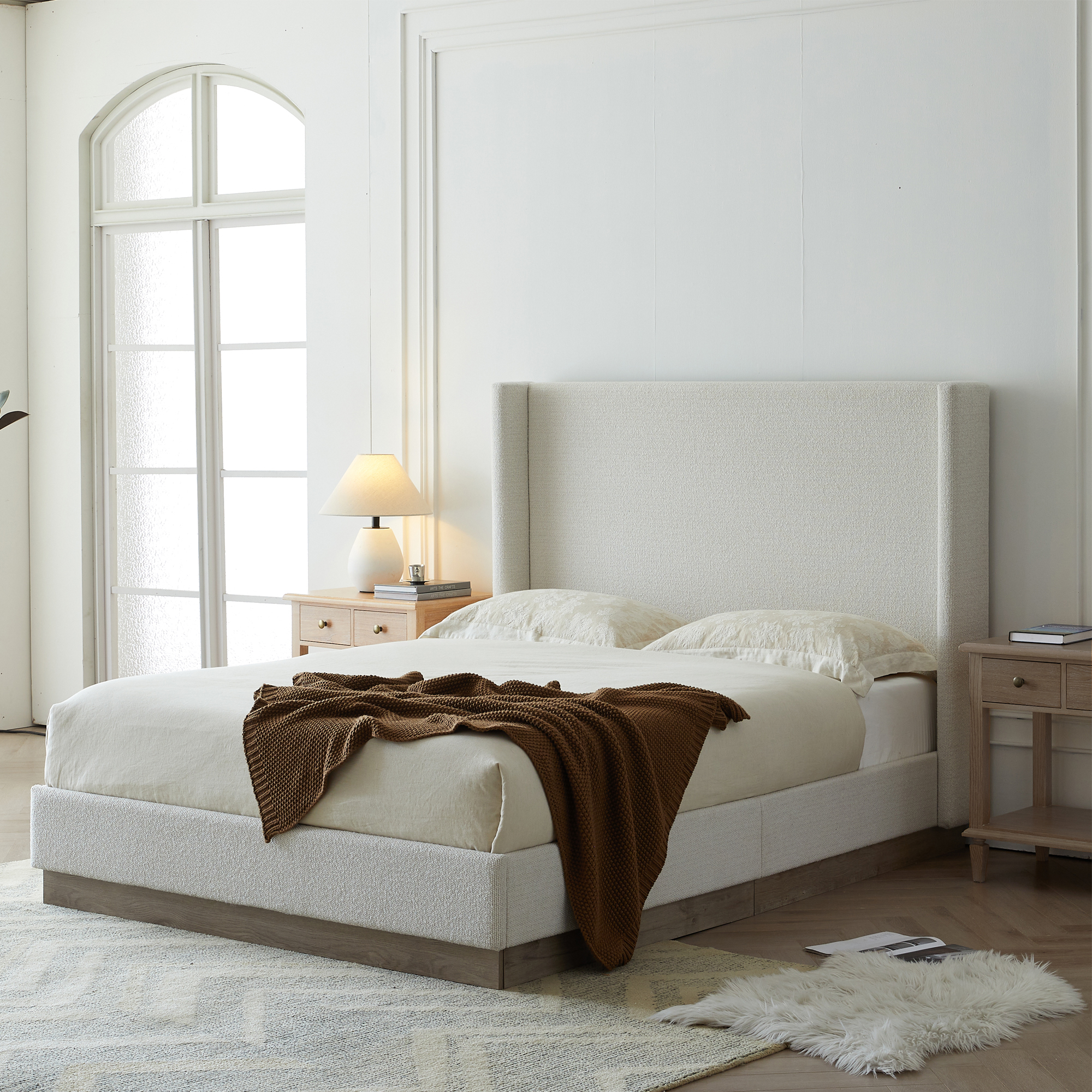 Hale Upholstered Wingback Bed Size Queen / Tall 51.1" Headboard Upholstered Queen Bed / Without Wooden Slats / Box Spring Request / Queen / Cream White Boucle/ Elegant Simplicity / Easy Assembly - Image 2