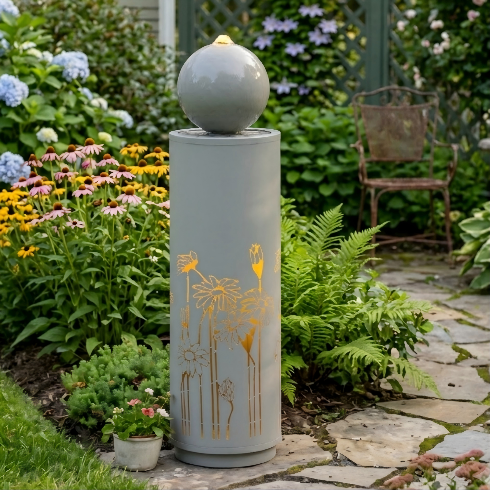 34.25"H Light Gray Metal Cutout Outdoor Water Fountain with LED Lights, Modern Freestanding Sphere-Top Water Feature for Patio Garden Backyard Decor - Image 2