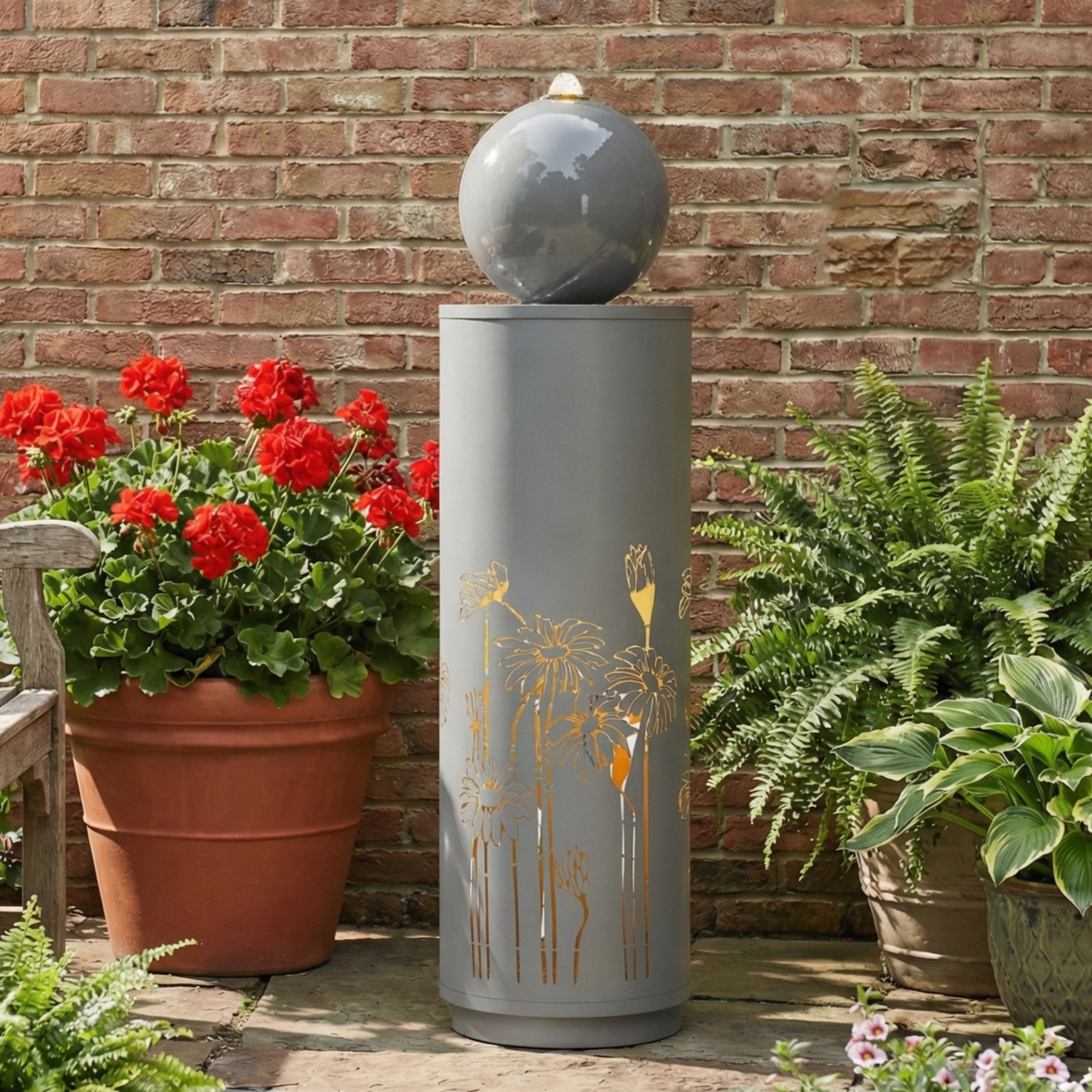 34.25"H Light Gray Metal Cutout Outdoor Water Fountain with LED Lights, Modern Freestanding Sphere-Top Water Feature for Patio Garden Backyard Decor - Image 3