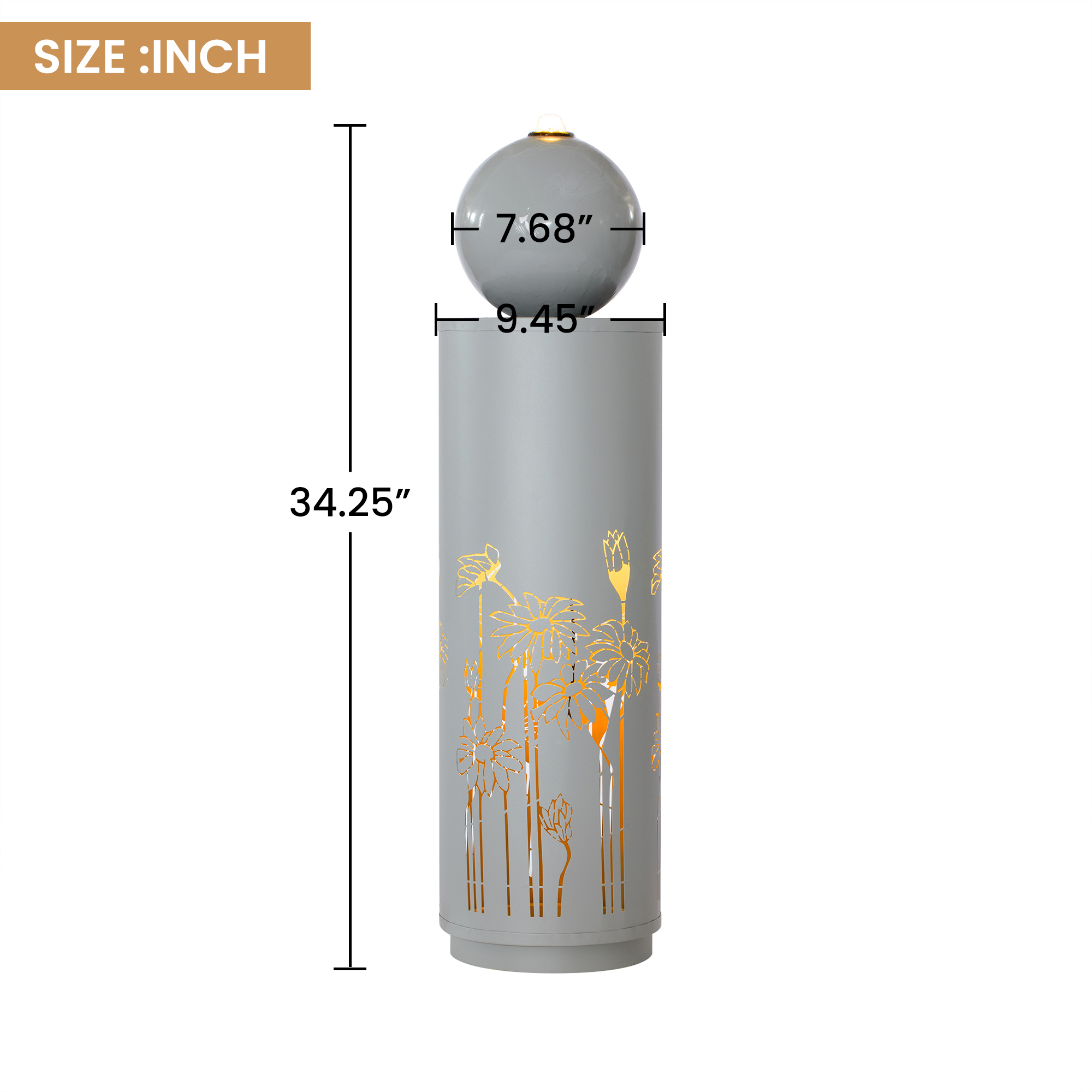 34.25"H Light Gray Metal Cutout Outdoor Water Fountain with LED Lights, Modern Freestanding Sphere-Top Water Feature for Patio Garden Backyard Decor - Image 5