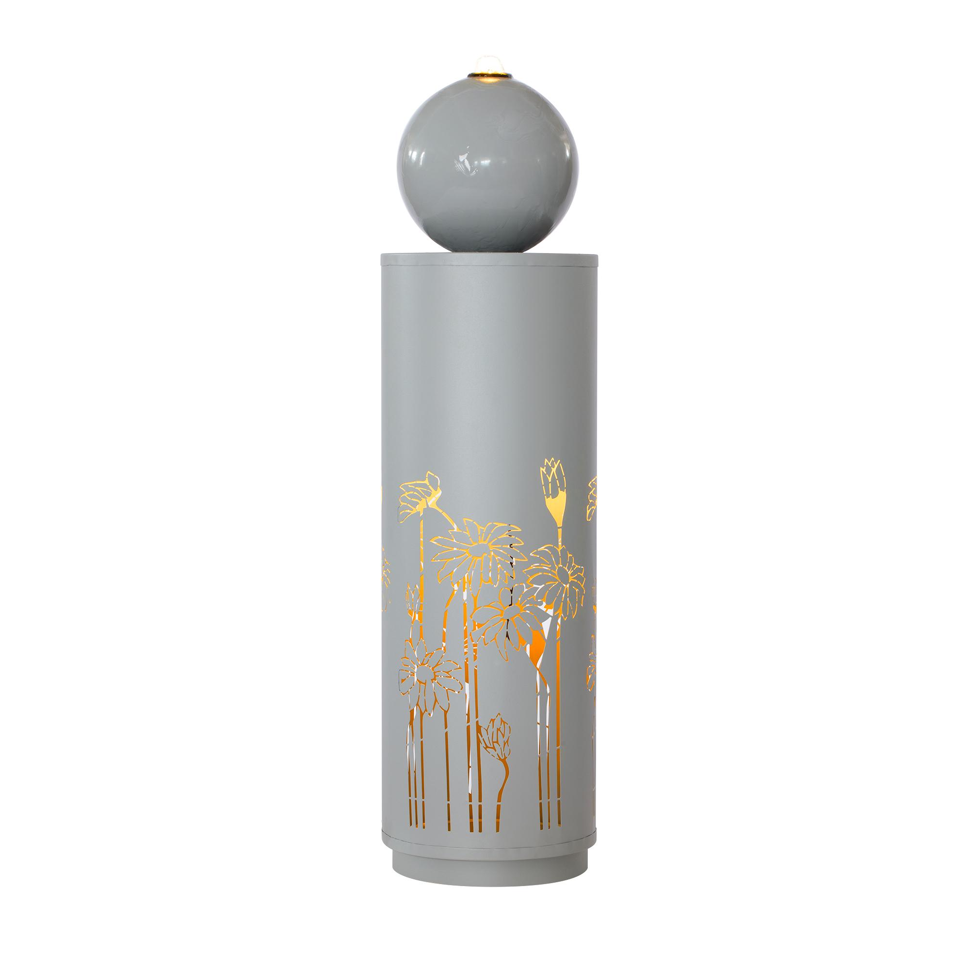 34.25"H Light Gray Metal Cutout Outdoor Water Fountain with LED Lights, Modern Freestanding Sphere-Top Water Feature for Patio Garden Backyard Decor - Image 6