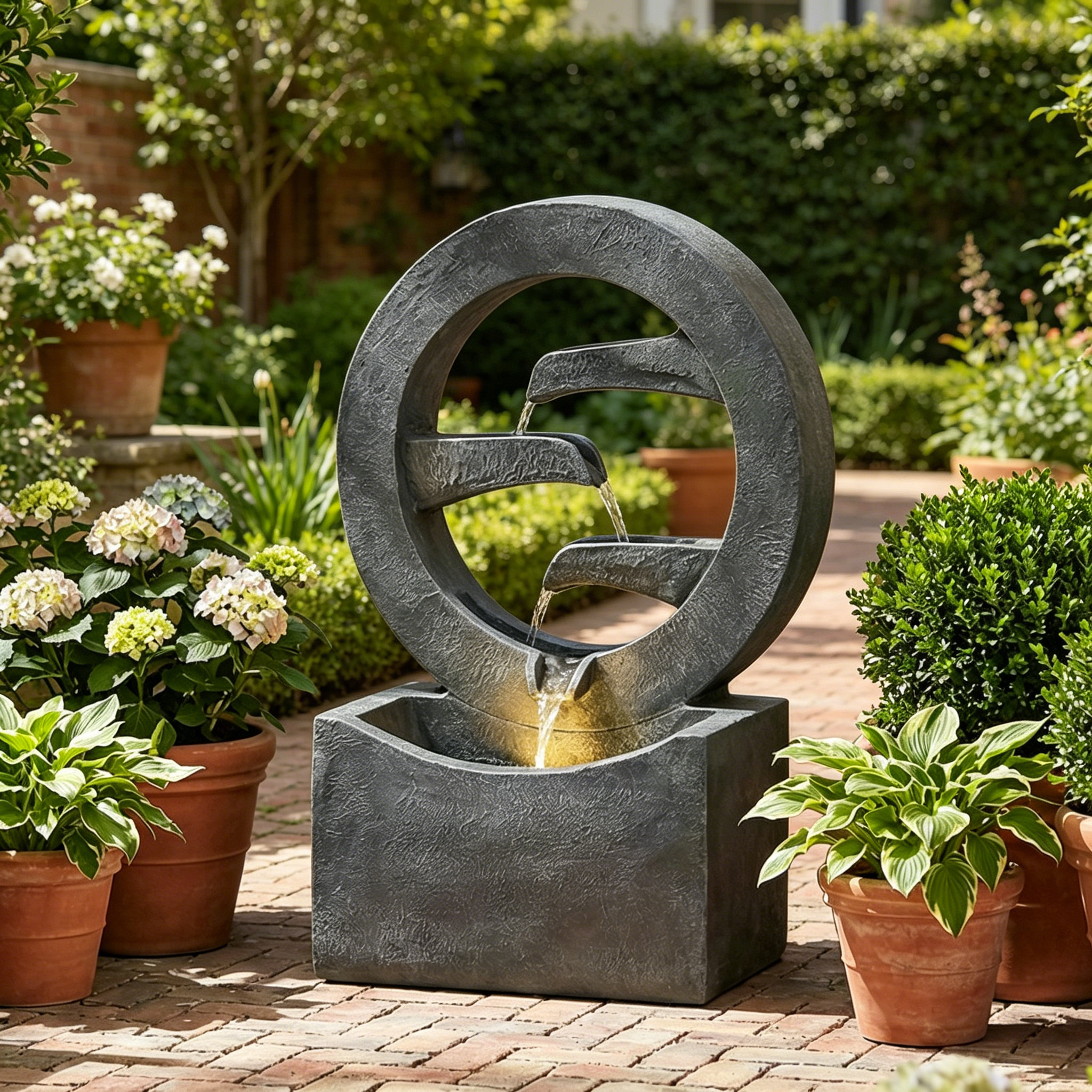 26.77"H Gray Circular Polyresin Outdoor Water Fountain with LED Light, Freestanding Modern Cascading Water Feature for Patio Garden Backyard Decor - Image 2