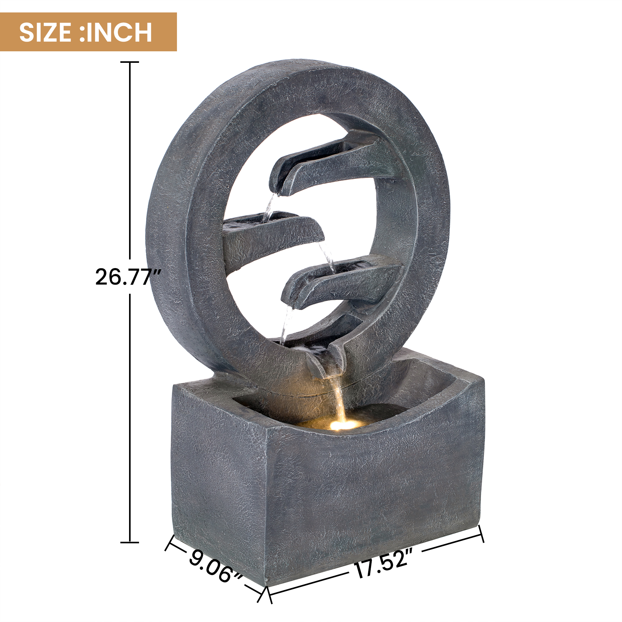 26.77"H Gray Circular Polyresin Outdoor Water Fountain with LED Light, Freestanding Modern Cascading Water Feature for Patio Garden Backyard Decor - Image 4