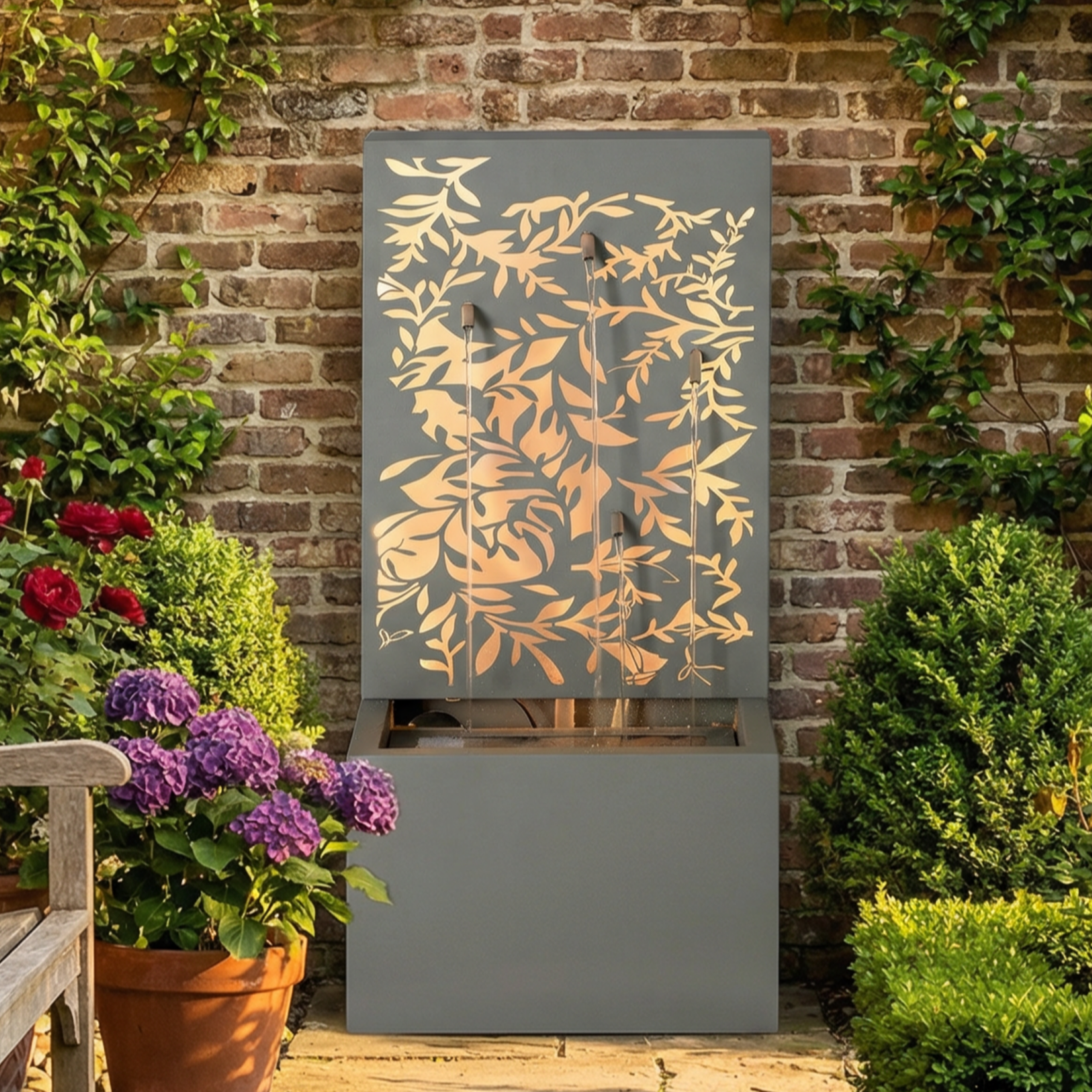 30.71"H Light Gray Metal Leaf Cutout Outdoor Water Wall Fountain with LED Lights, Modern Waterfall Feature for Patio Garden Backyard Decor - Image 2