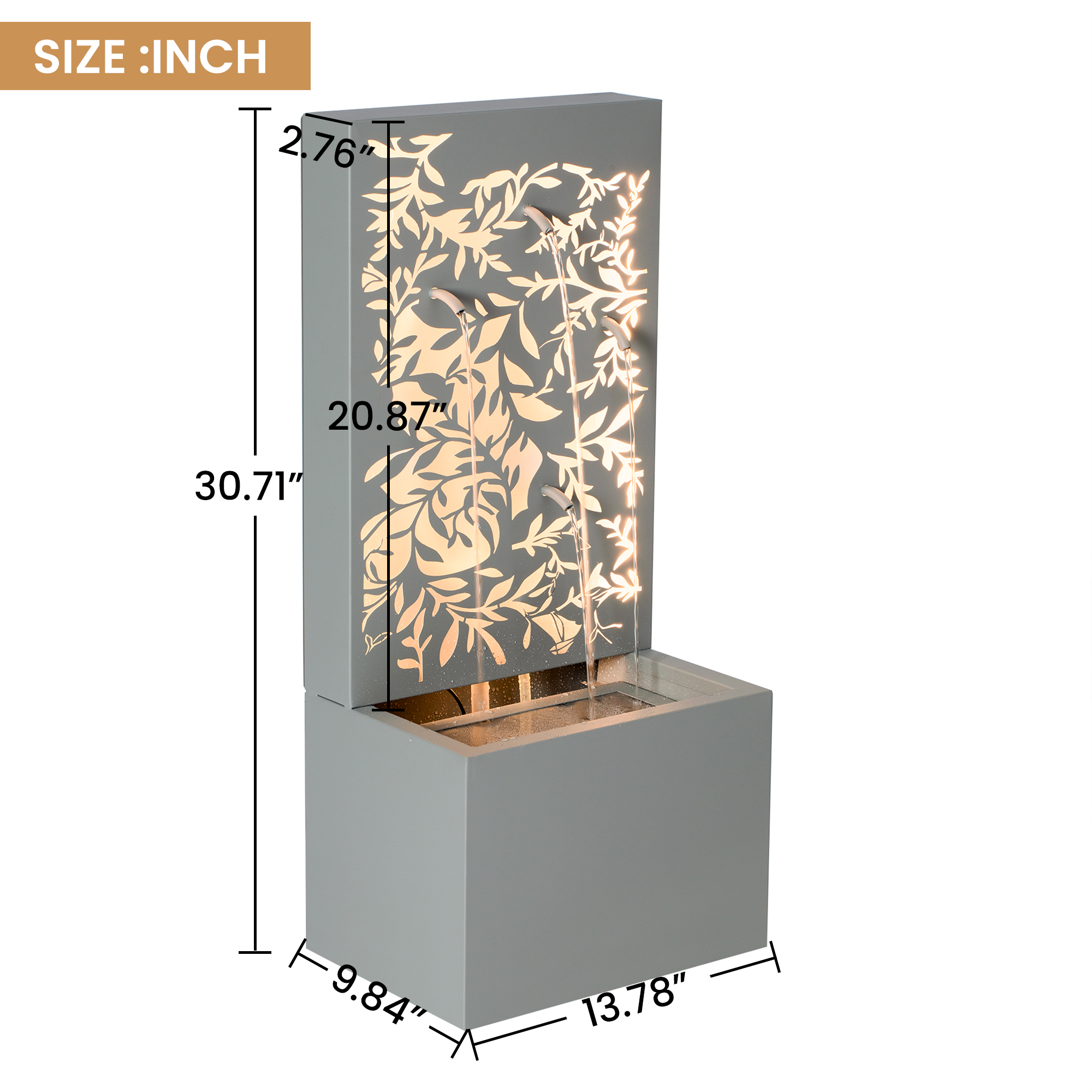 30.71"H Light Gray Metal Leaf Cutout Outdoor Water Wall Fountain with LED Lights, Modern Waterfall Feature for Patio Garden Backyard Decor - Image 5