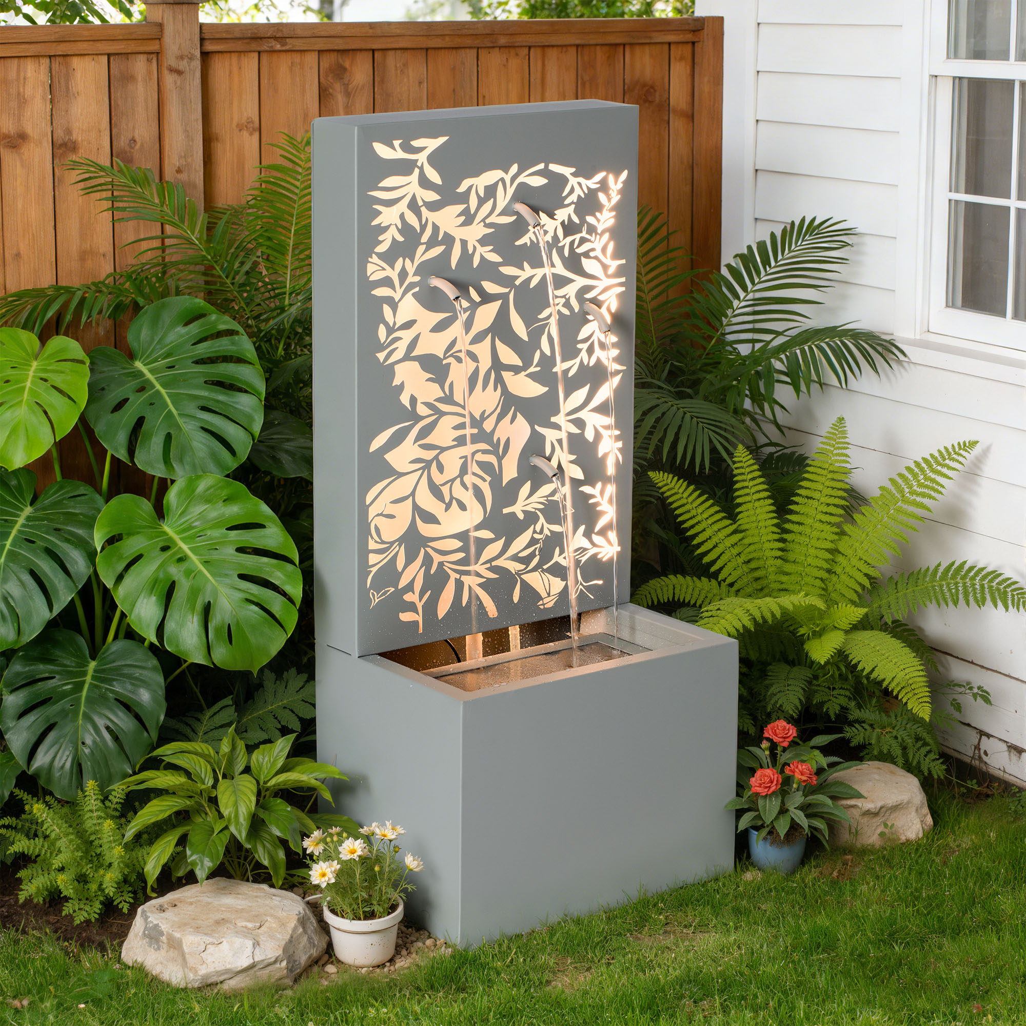 30.71"H Light Gray Metal Leaf Cutout Outdoor Water Wall Fountain with LED Lights, Modern Waterfall Feature for Patio Garden Backyard Decor - Image 4