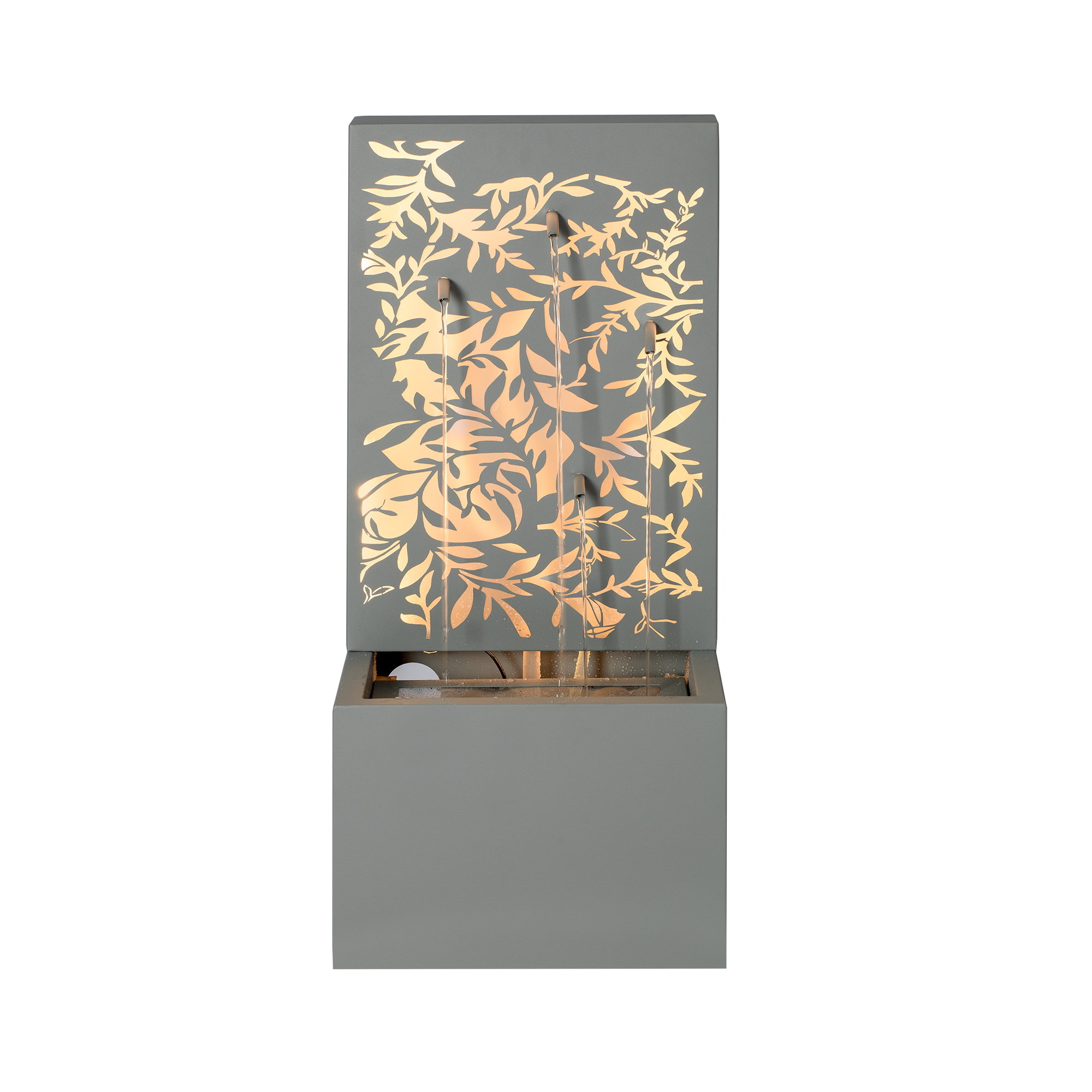 30.71"H Light Gray Metal Leaf Cutout Outdoor Water Wall Fountain with LED Lights, Modern Waterfall Feature for Patio Garden Backyard Decor - Image 6