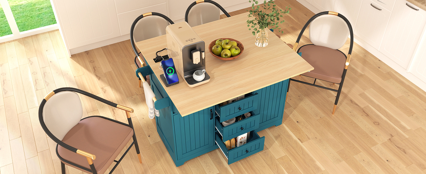 K&K 55.7'' Large Kitchen Island with 2 Drop Leaf,, Rolling Kitchen Cart on 5 Wheels with Power Outlet, Folding Storage Dining Table with Spice & Towel Rack , 3 Drawers, for Kitchen, Dining Room,Green - Image 3