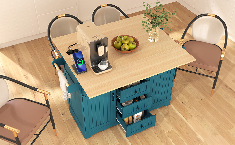 K&K 55.7'' Large Kitchen Island with 2 Drop Leaf,, Rolling Kitchen Cart on 5 Wheels with Power Outlet, Folding Storage Dining Table with Spice & Towel Rack , 3 Drawers, for Kitchen, Dining Room,Green - Image 4