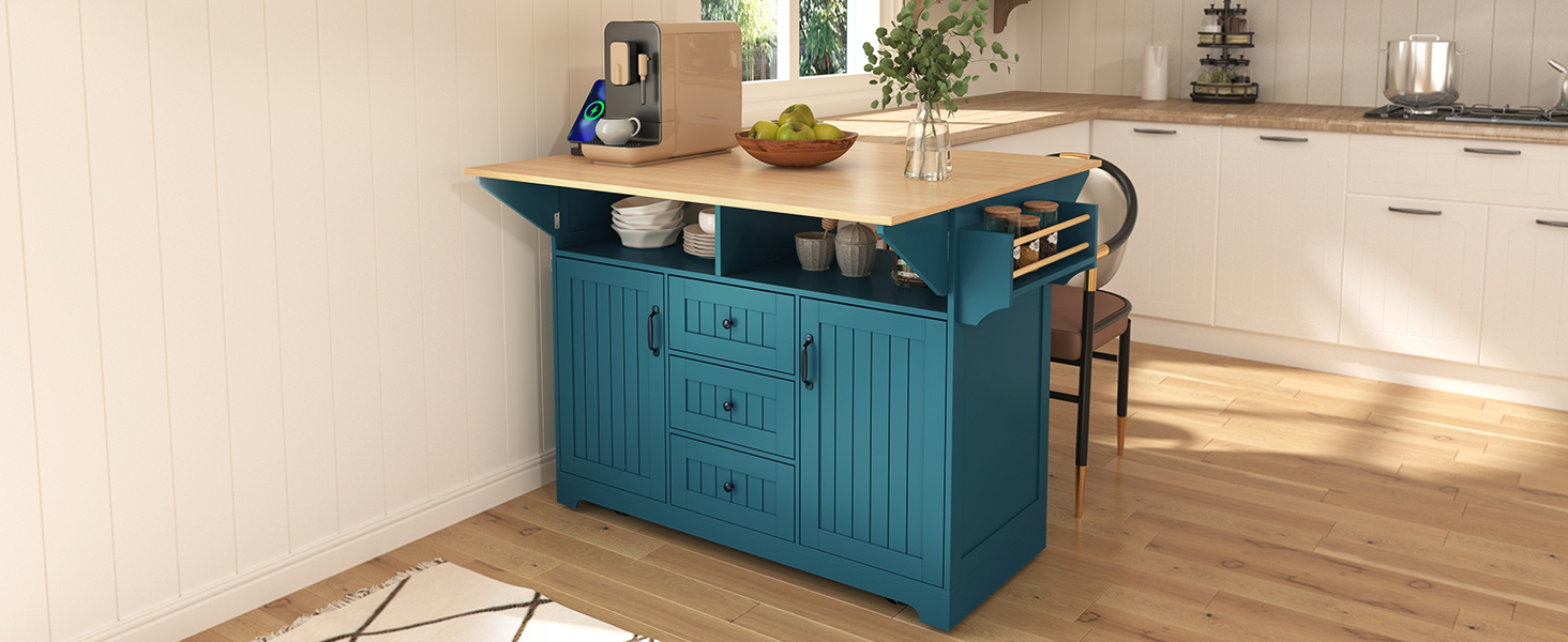 K&K 55.7'' Large Kitchen Island with 2 Drop Leaf,, Rolling Kitchen Cart on 5 Wheels with Power Outlet, Folding Storage Dining Table with Spice & Towel Rack , 3 Drawers, for Kitchen, Dining Room,Green - Image 5