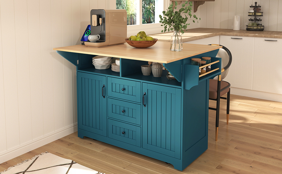 K&K 55.7'' Large Kitchen Island with 2 Drop Leaf,, Rolling Kitchen Cart on 5 Wheels with Power Outlet, Folding Storage Dining Table with Spice & Towel Rack , 3 Drawers, for Kitchen, Dining Room,Green - Image 6