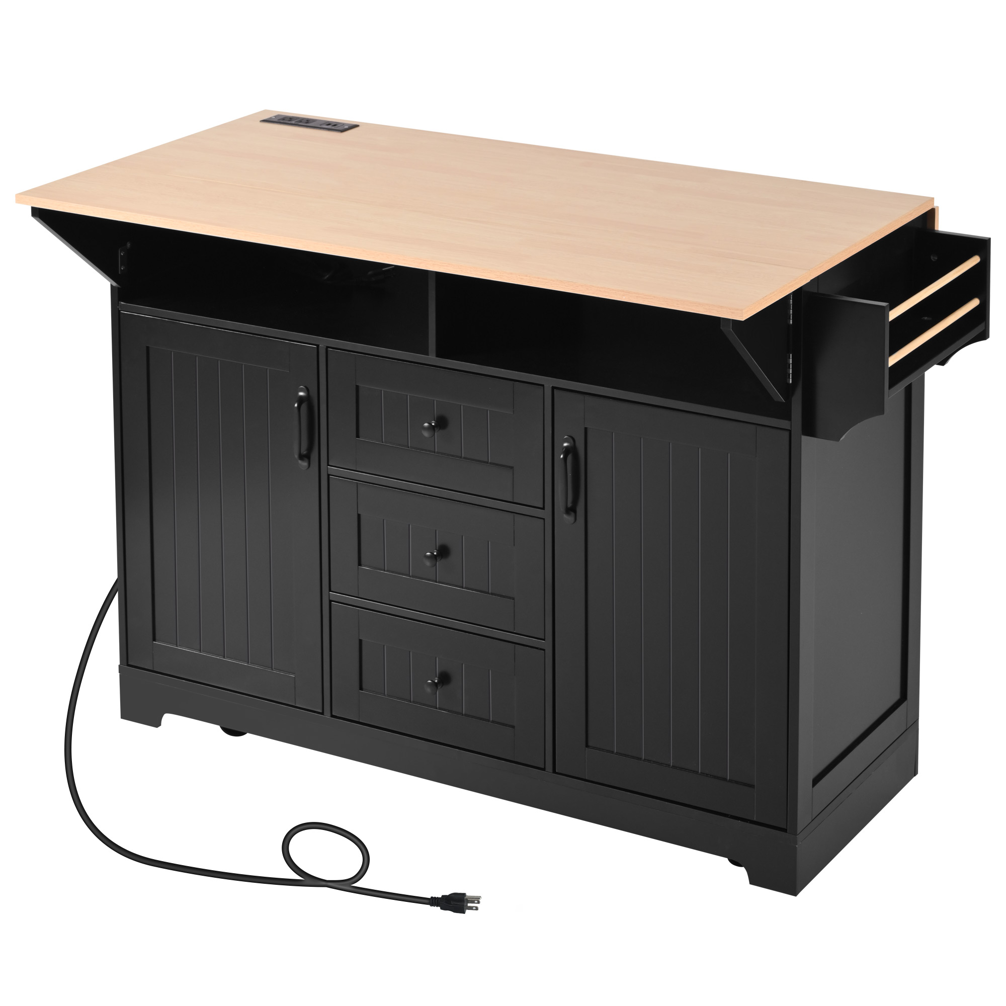 K&K 55.7'' Large Kitchen Island with 2 Drop Leaf,, Rolling Kitchen Cart on 5 Wheels with Power Outlet, Folding Storage Dining Table with Spice & Towel Rack , 3 Drawers, for Kitchen, Dining Room,Black - Image 2